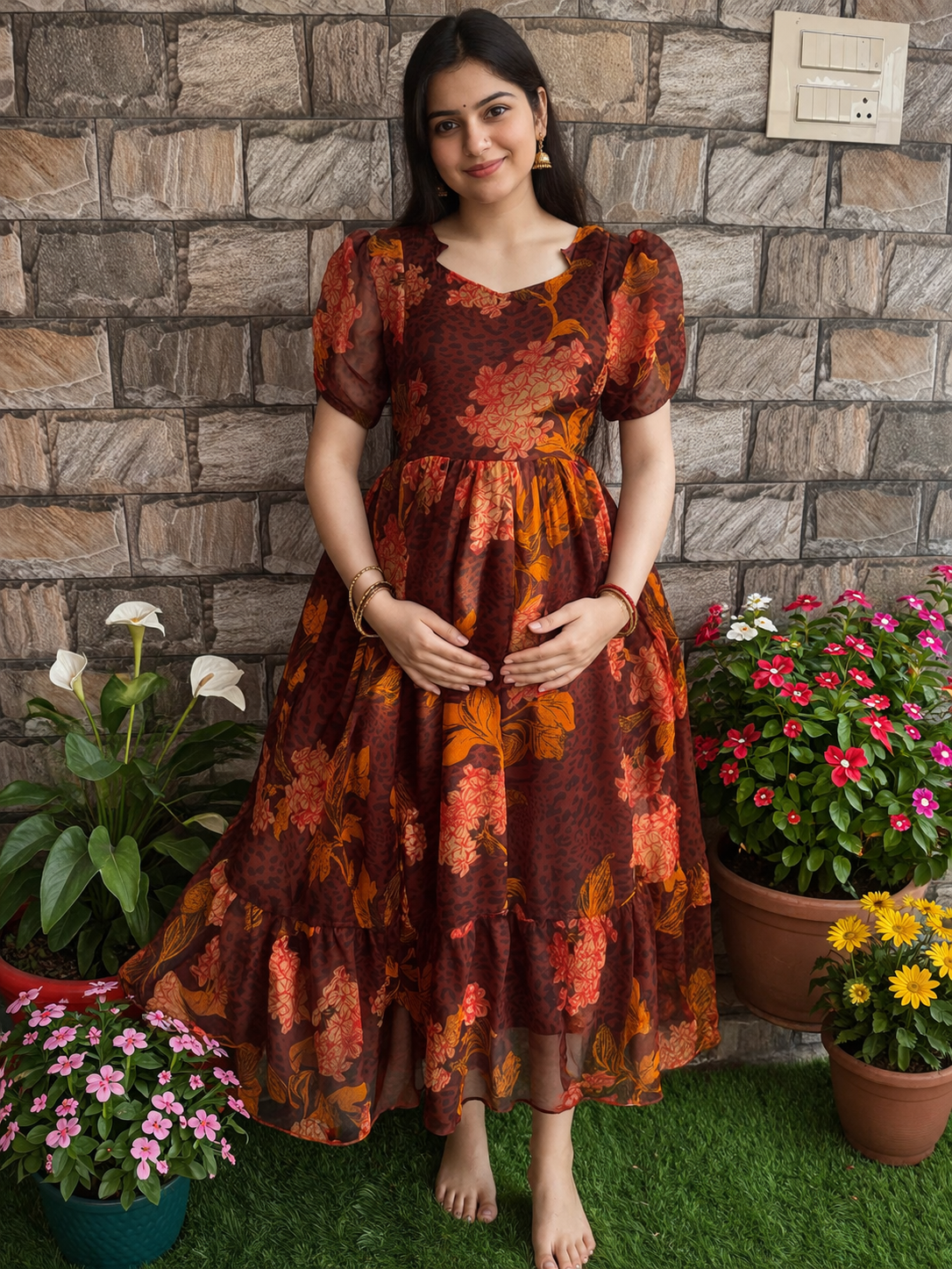 Coffee Brown Georgette Maternity Maxi