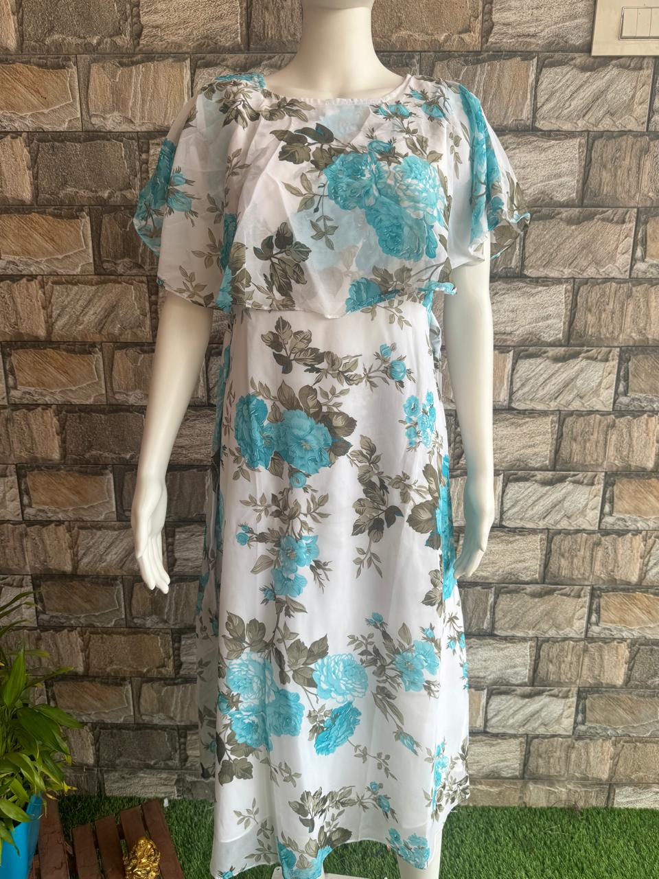 white skyblue flower georgette