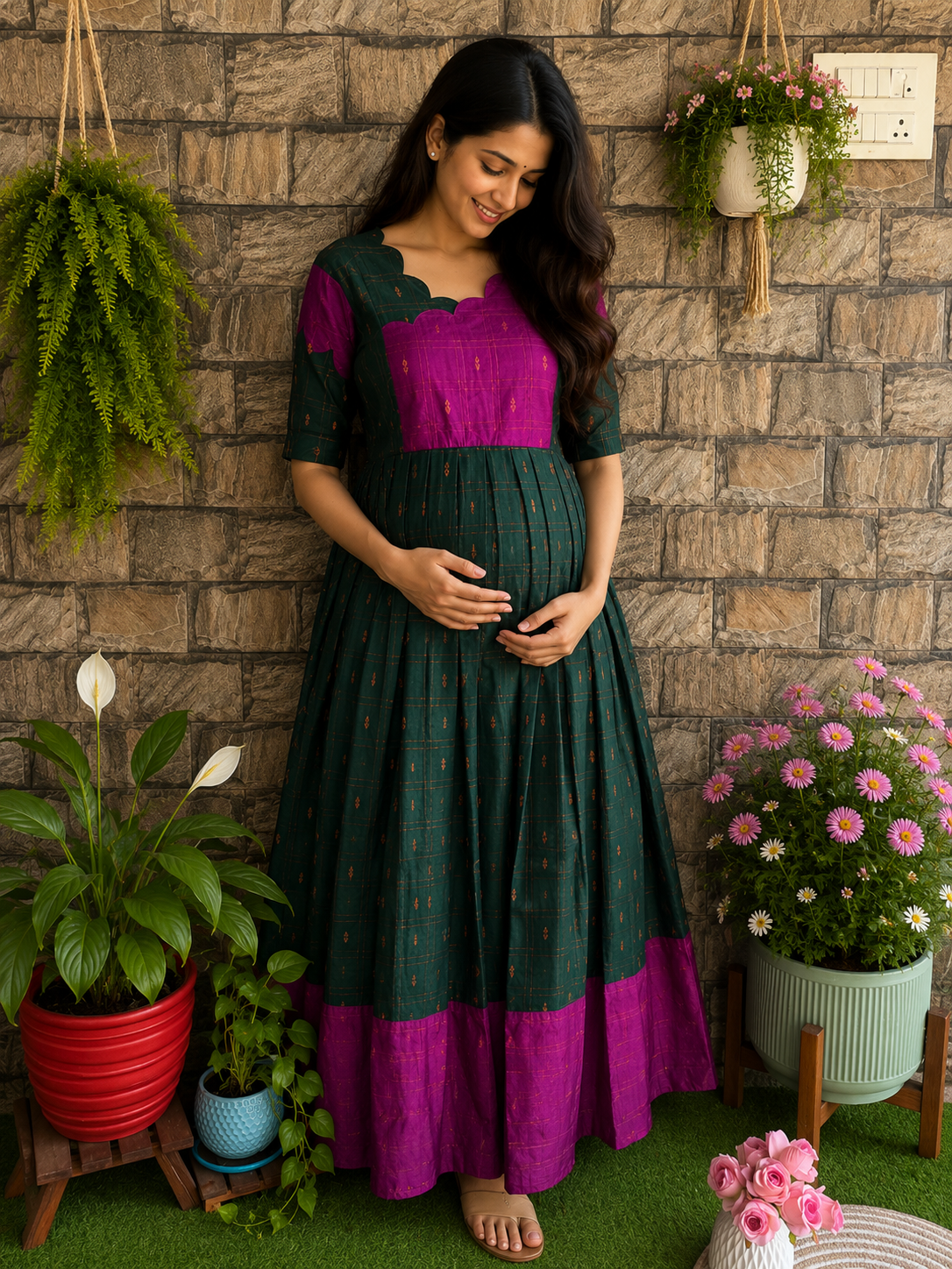 Festive wear Maternity raw silk maxi Bottle green