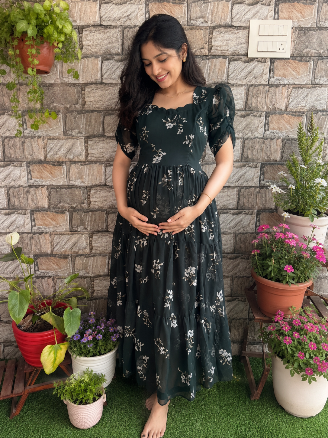 Dark Green Georgette Maternity Feeding maxi