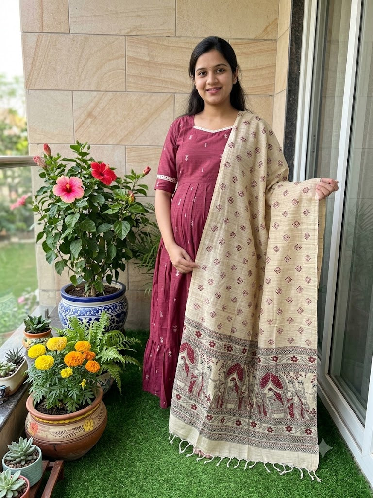 Diwali series Maternity raw silk maxi Dark onion peel- with Dupatta