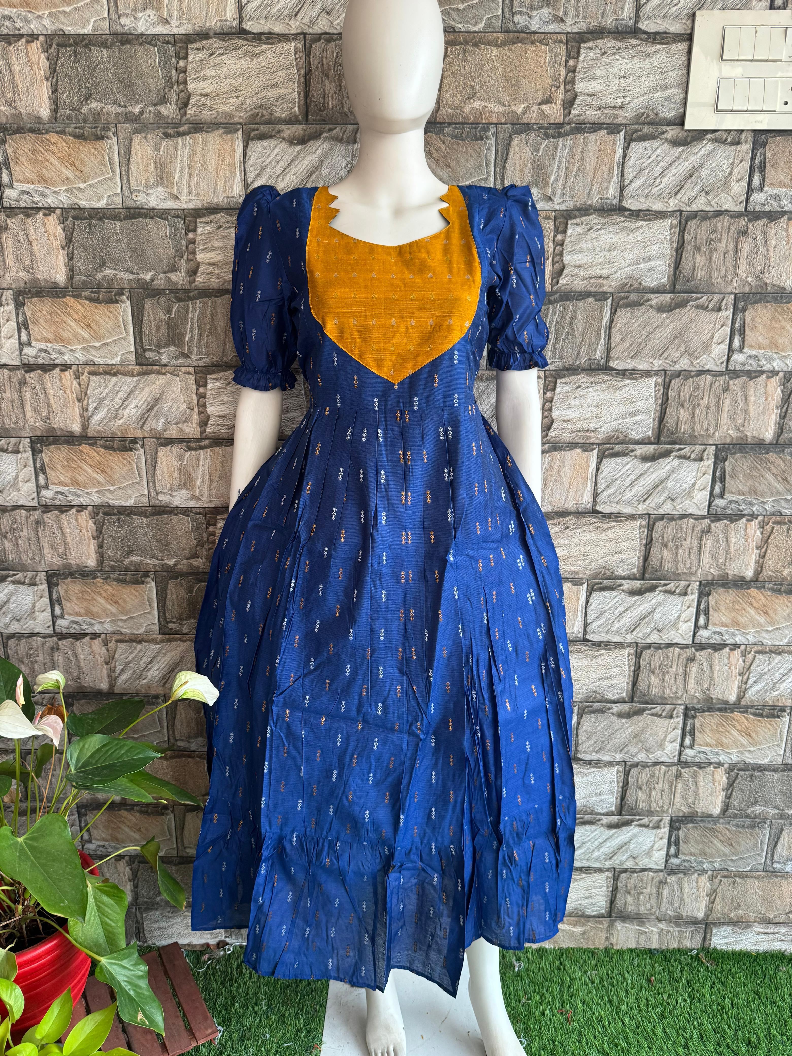 Royal Blue Raw Silk maxi with Yellow Patch CF131