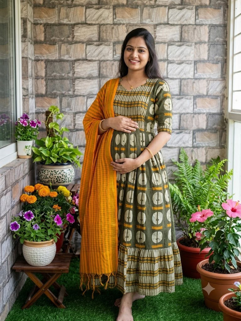 Olive green  soft kanta cotton Maternity Feeding  maxi  With dupatta