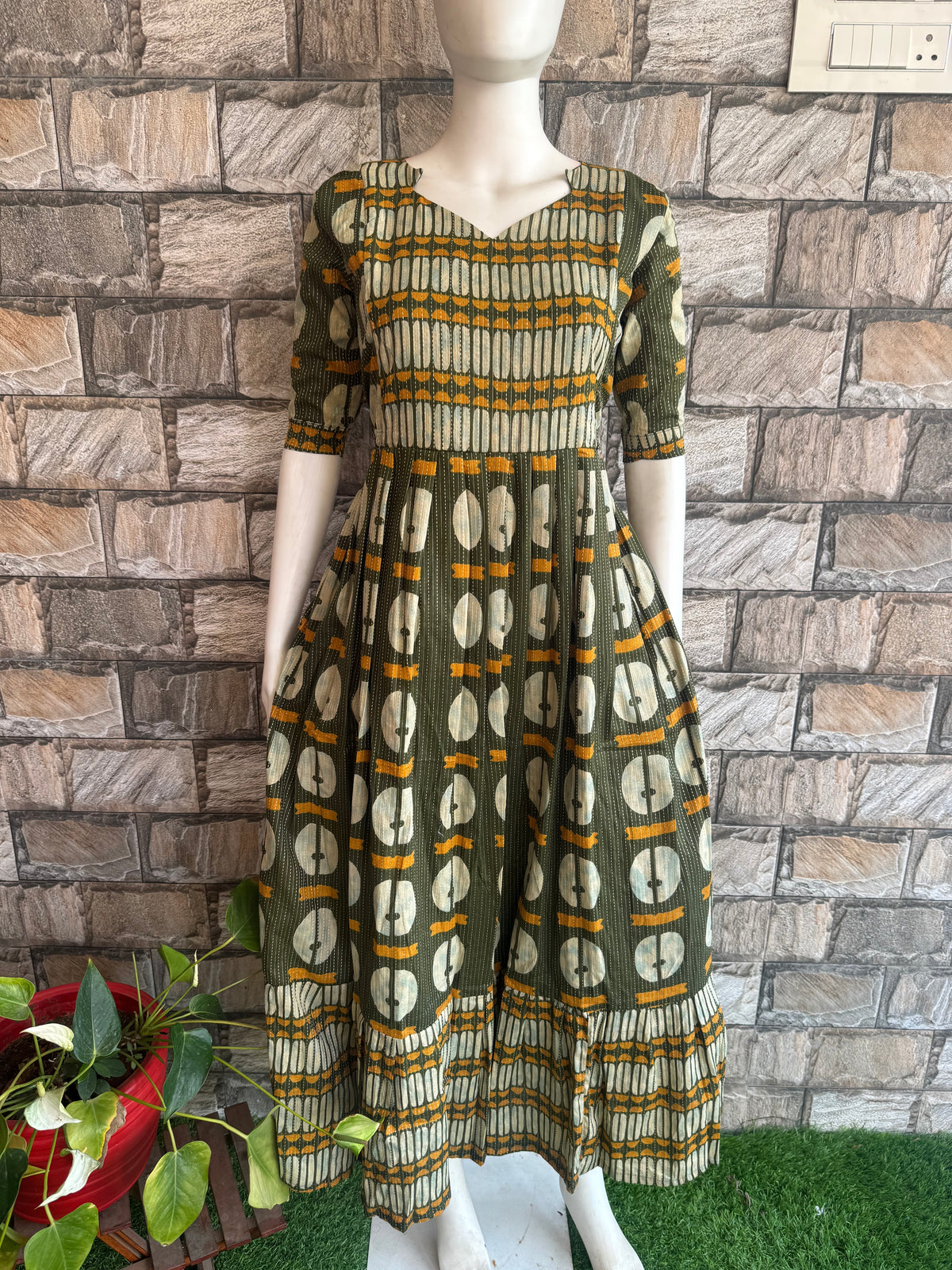 Olive green  soft kanta cotton Maternity Feeding  maxi
