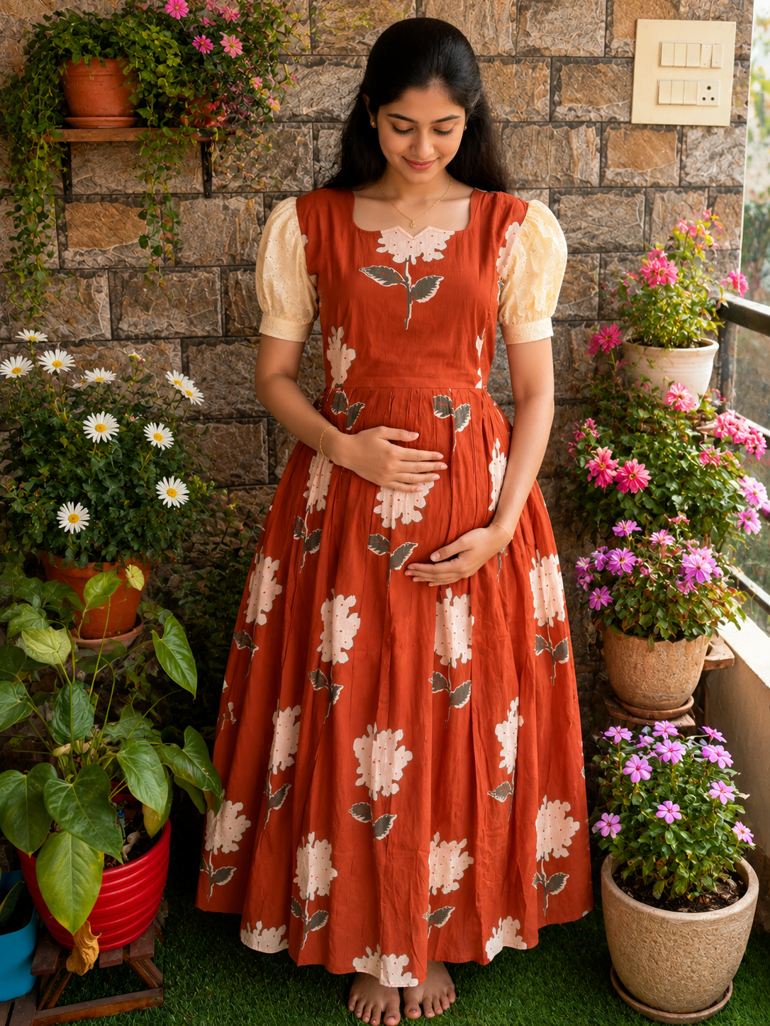 Brick Brown soft cotton Maternity maxi