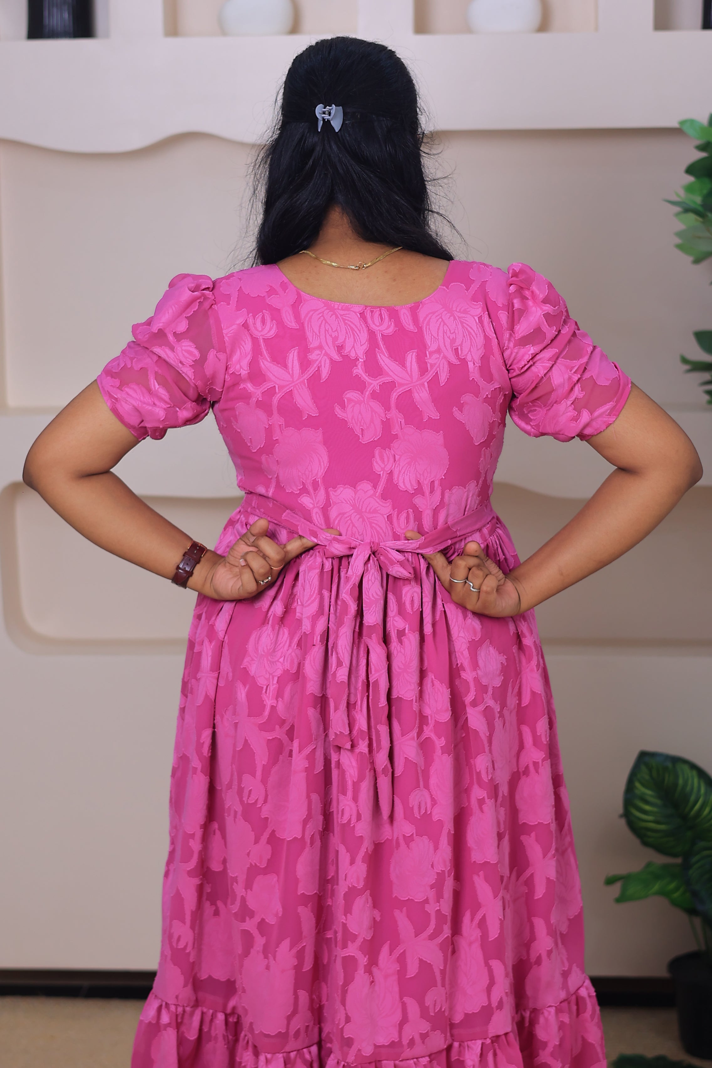 Dobby Georgette maternity feeding maxi - Magenta pink shade