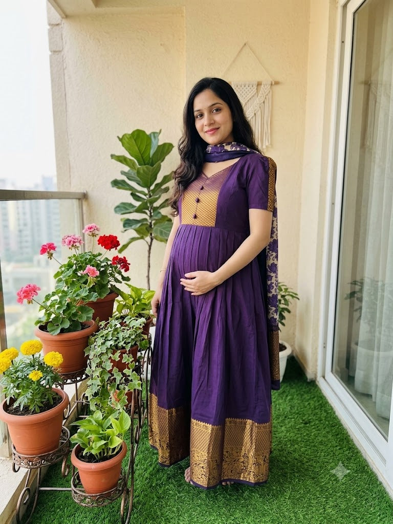 Diwali series Maternity raw silk maxi Brinjal wine  - without Dupatta PRE ORDER 4 business days