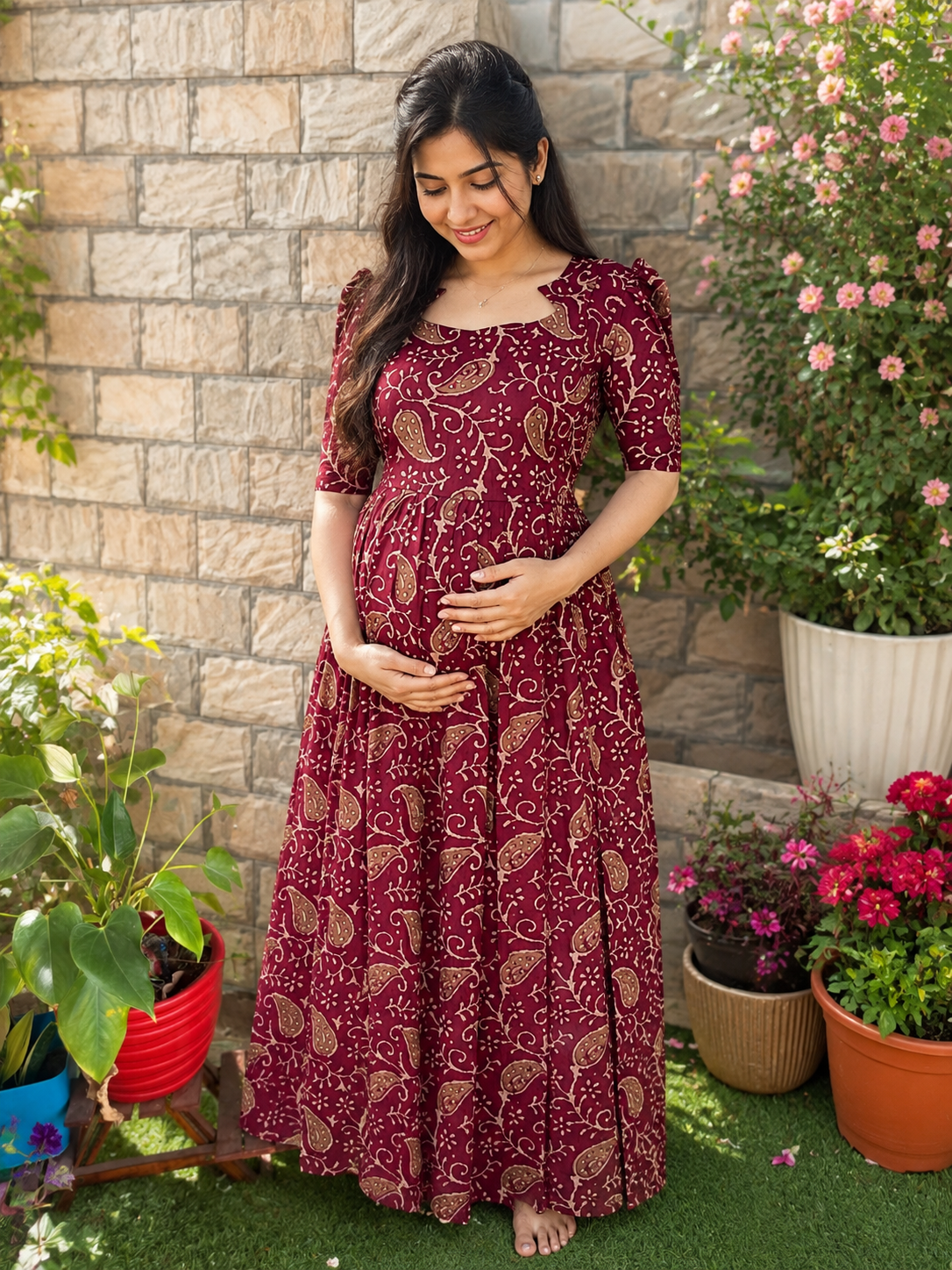 Soft cotton long Maternity maxi - Hibiscus