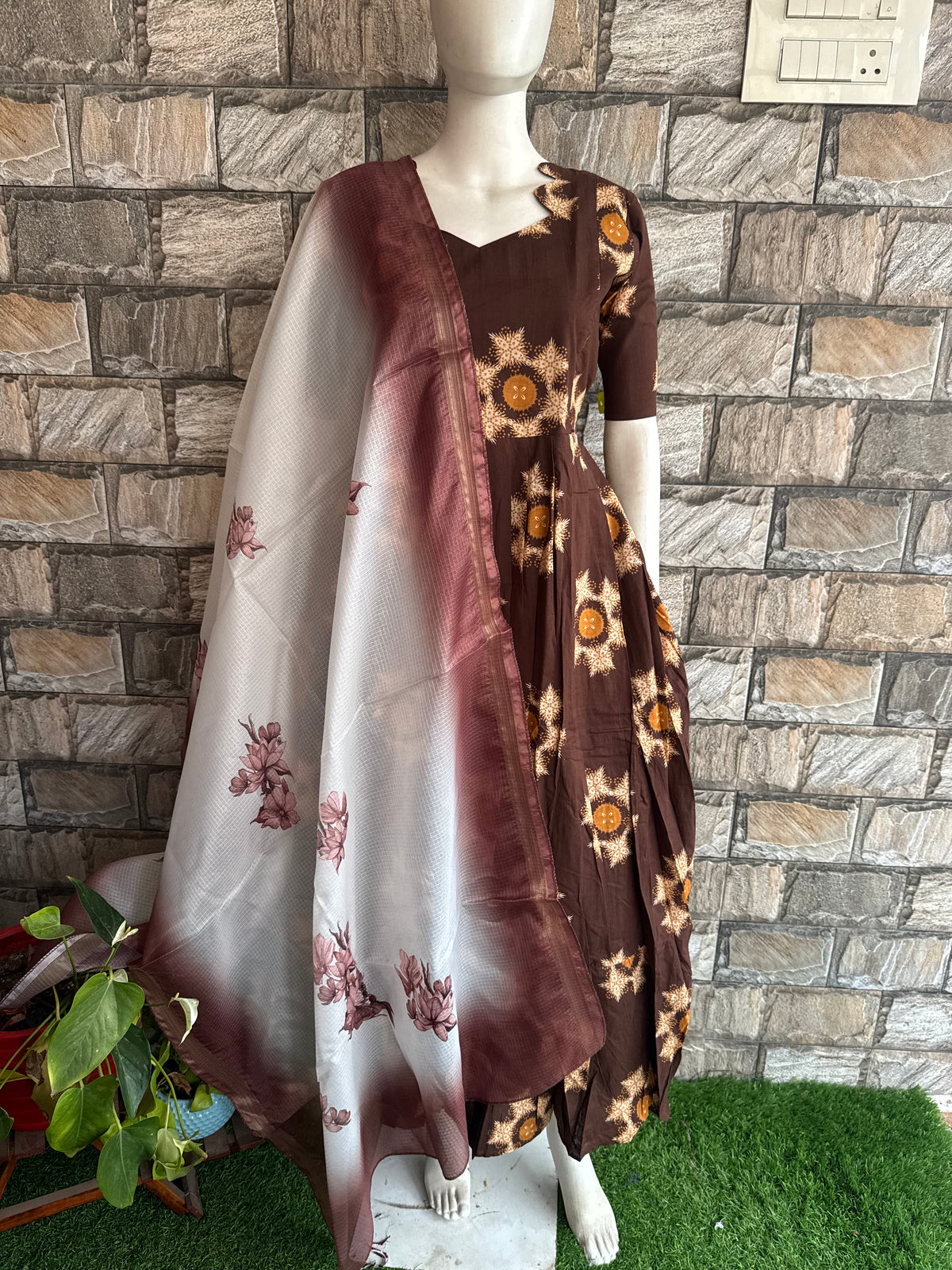 Soft cotton Maternity maxi with dupatta Coffee brown