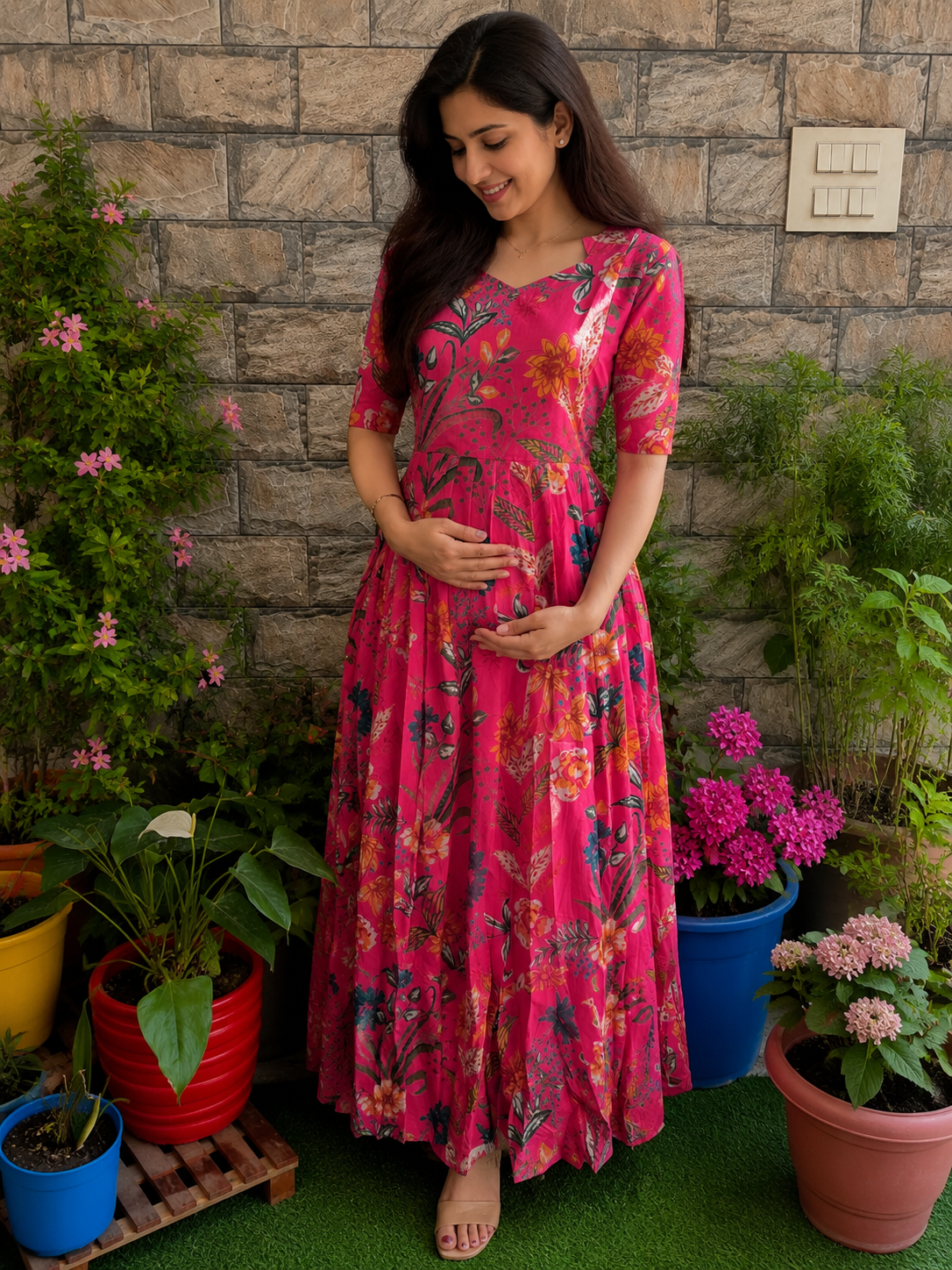 Pinky tropical soft cotton Maternity maxi