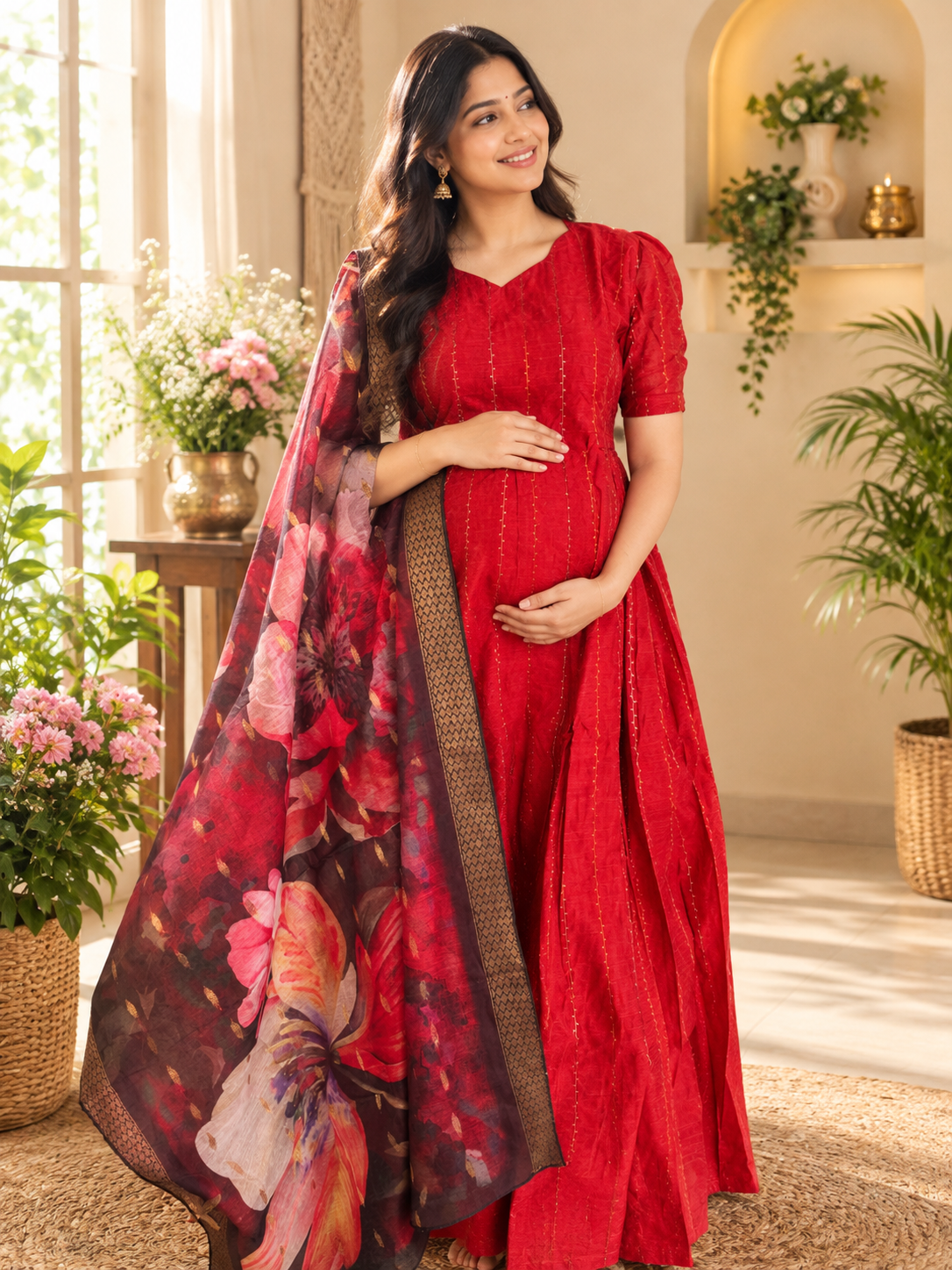 Raw silk Maternity Feeding maxi Budget launch including dupatta