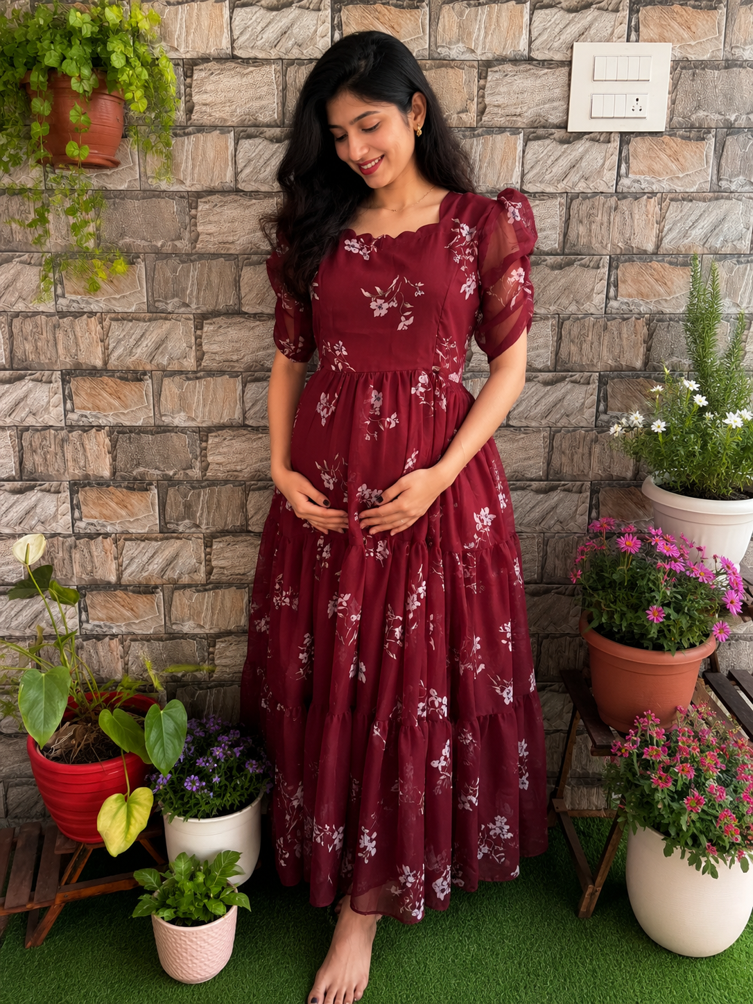 Maroon Georgette Maternity Feeding maxi
