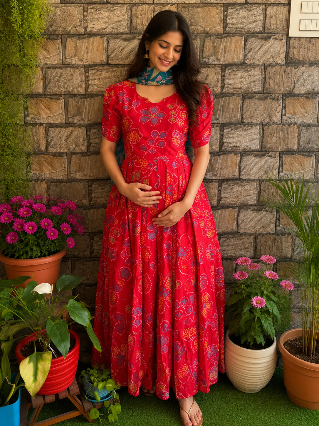 Soft cotton Maternity Feeding maxi Red shade without dupatta