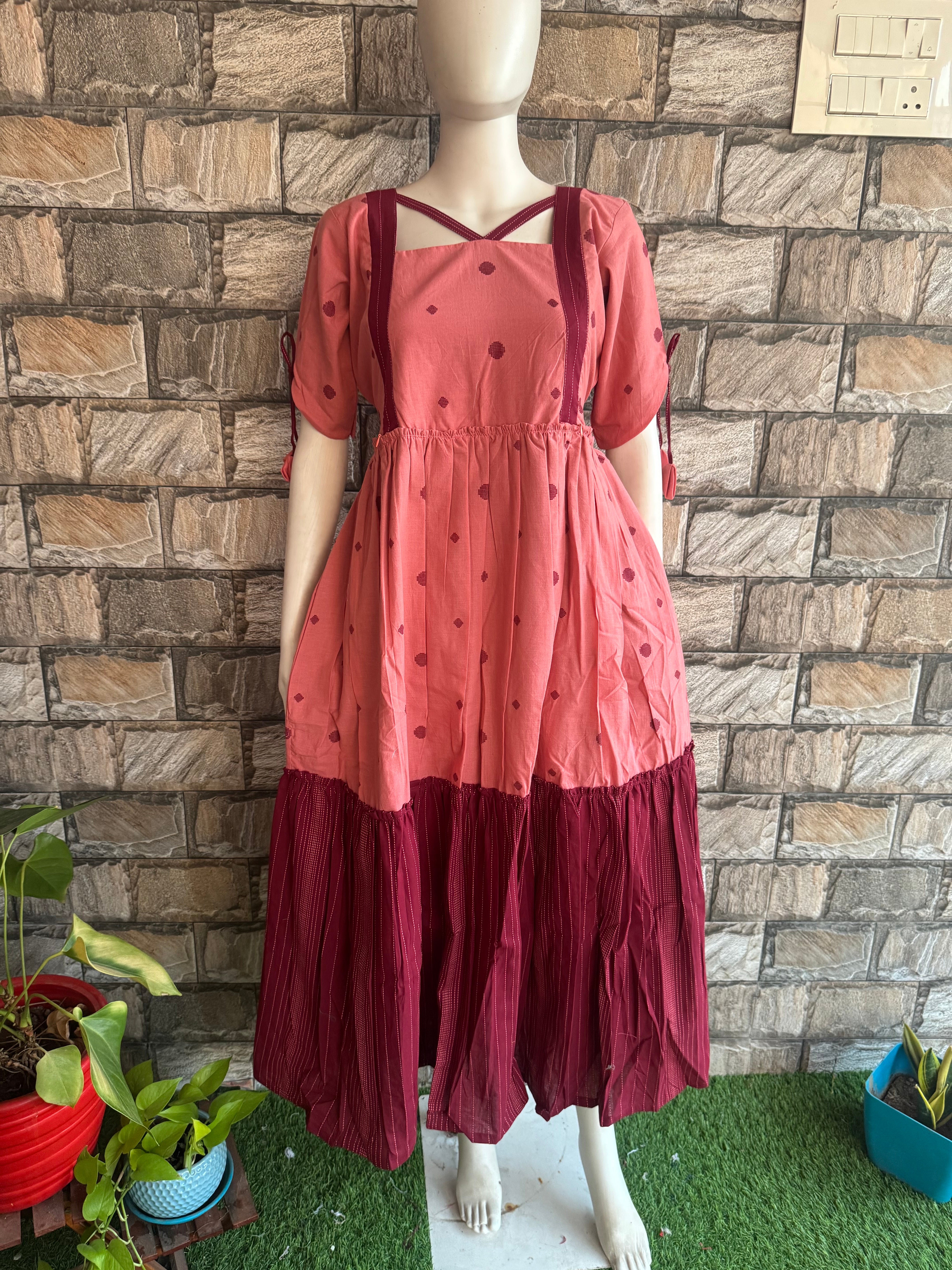 Maroon Peach Handloom cotton maxi