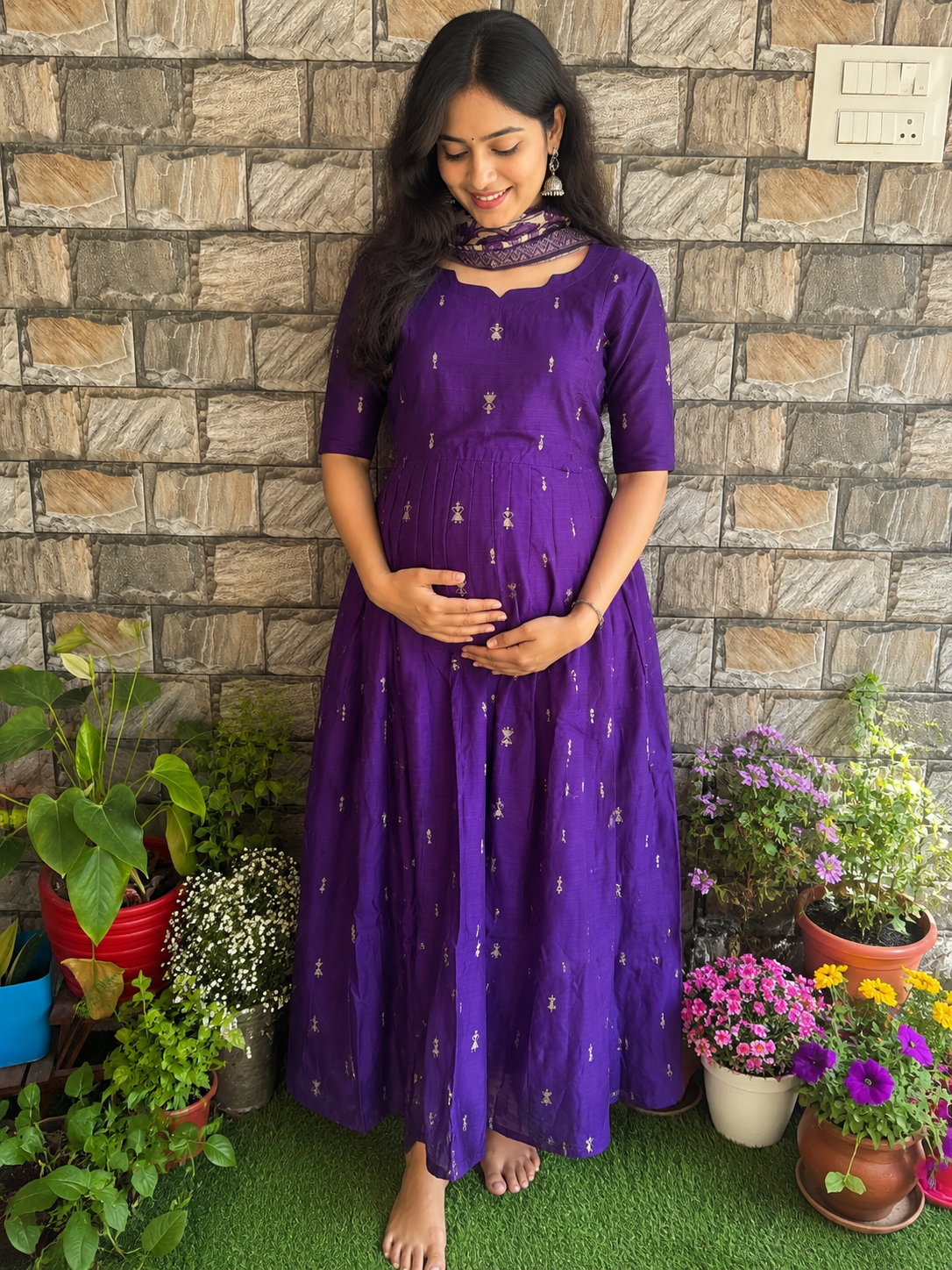 Festive wear Maternity raw silk maxi Brinjal Violet
