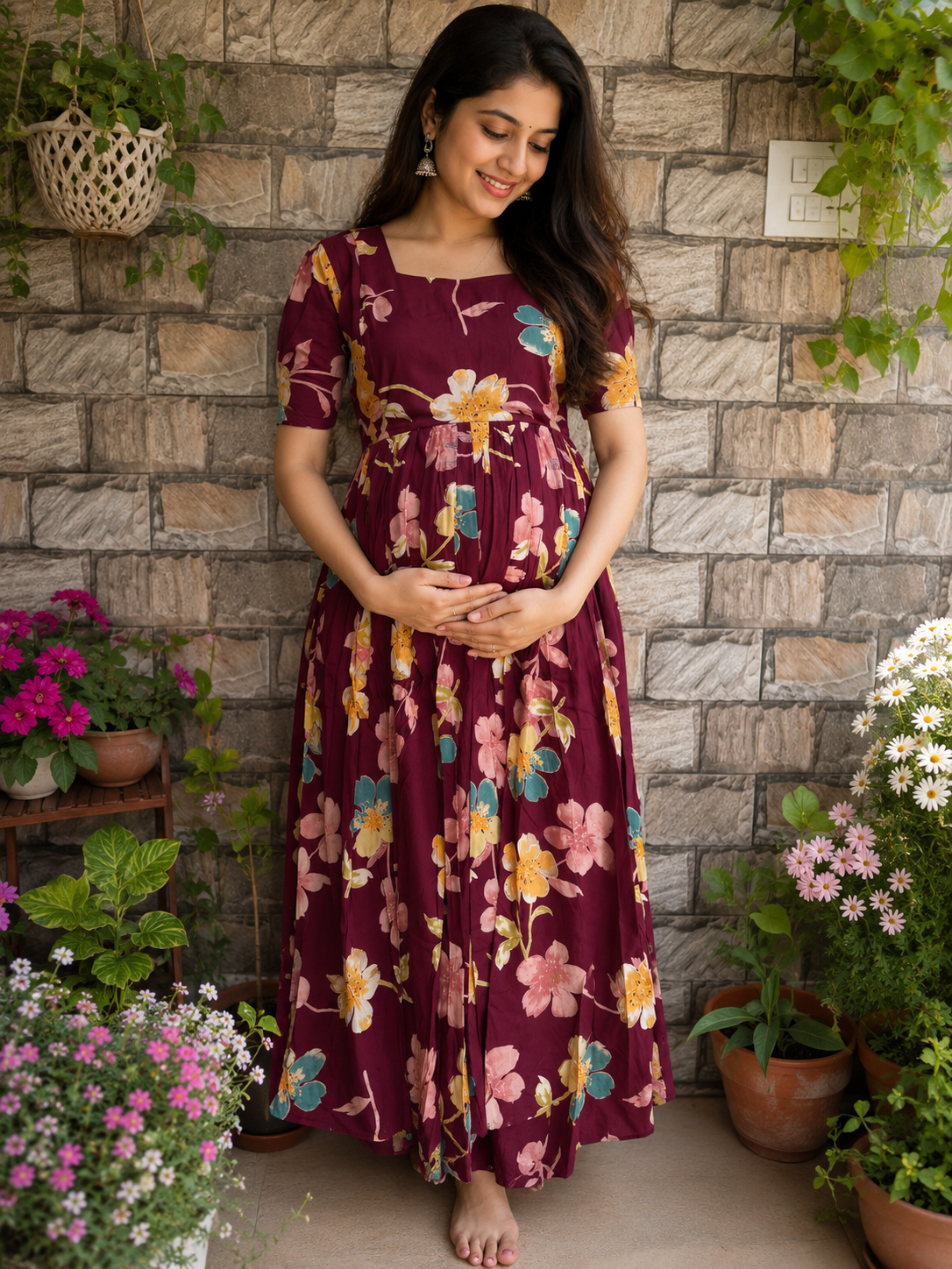 Maroonish wine Slub soft cotton Maternity maxi