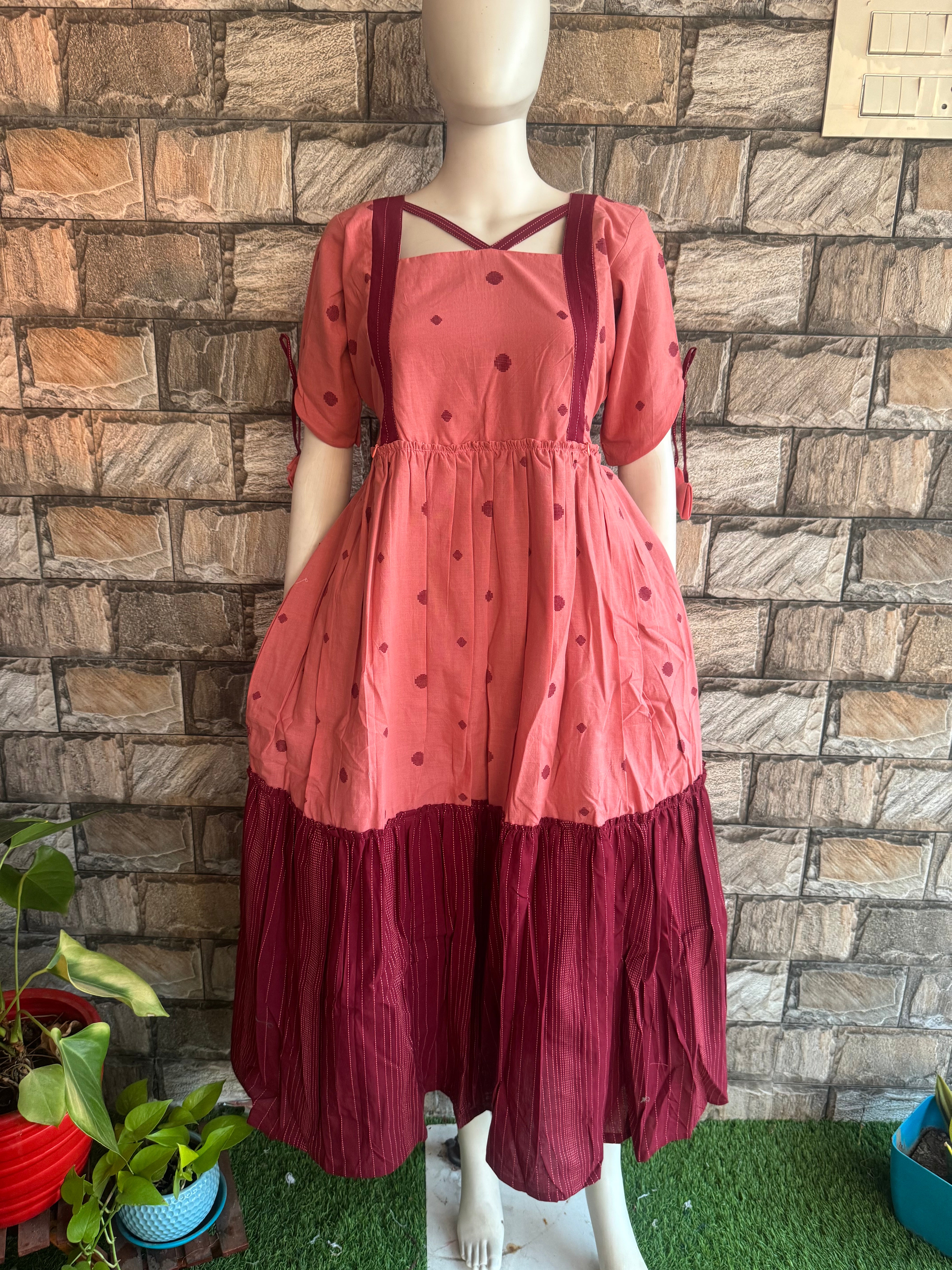 Maroon Peach Handloom cotton maxi