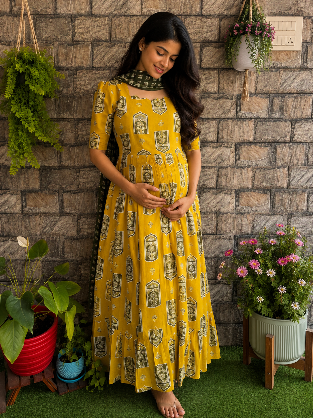 Lemon yellow soft cotton Maternity maxi