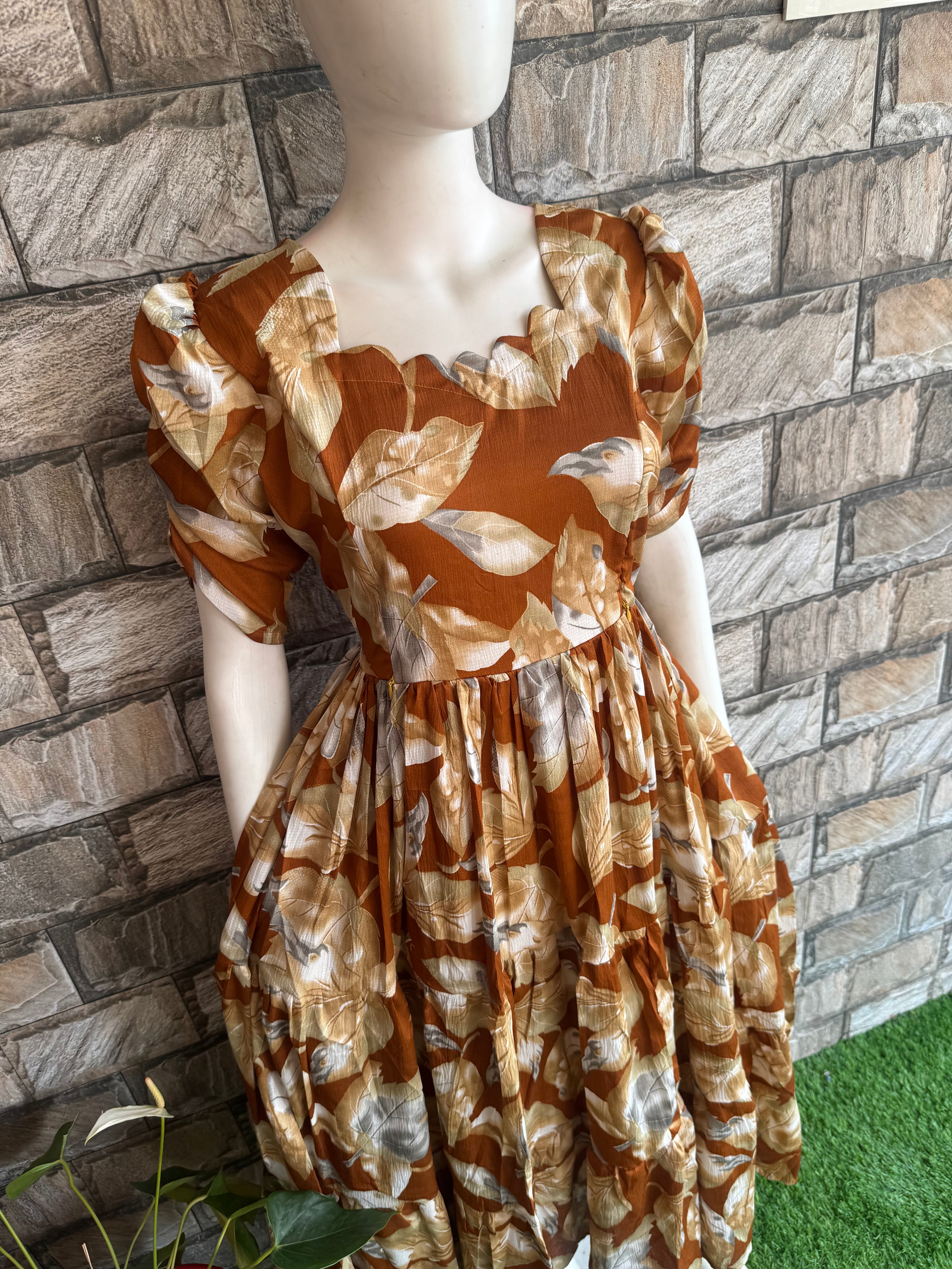 Brownish rust orange shade leaf Delta Maternity maxi