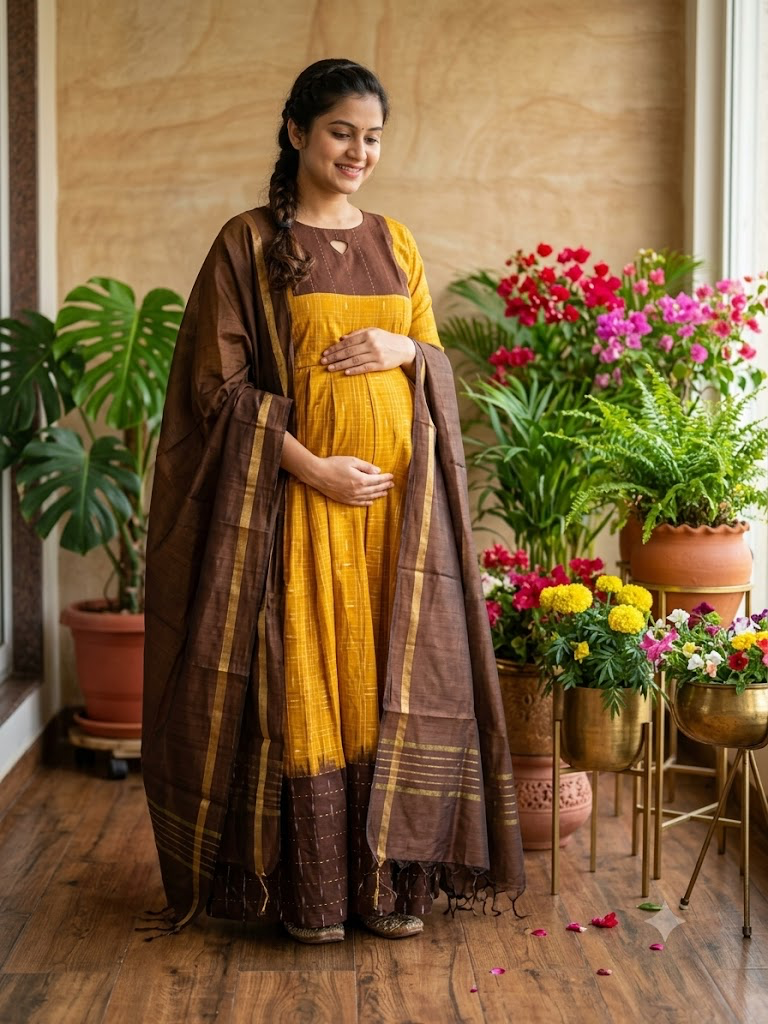 Diwali series Maternity raw silk maxi Choco with dupatta