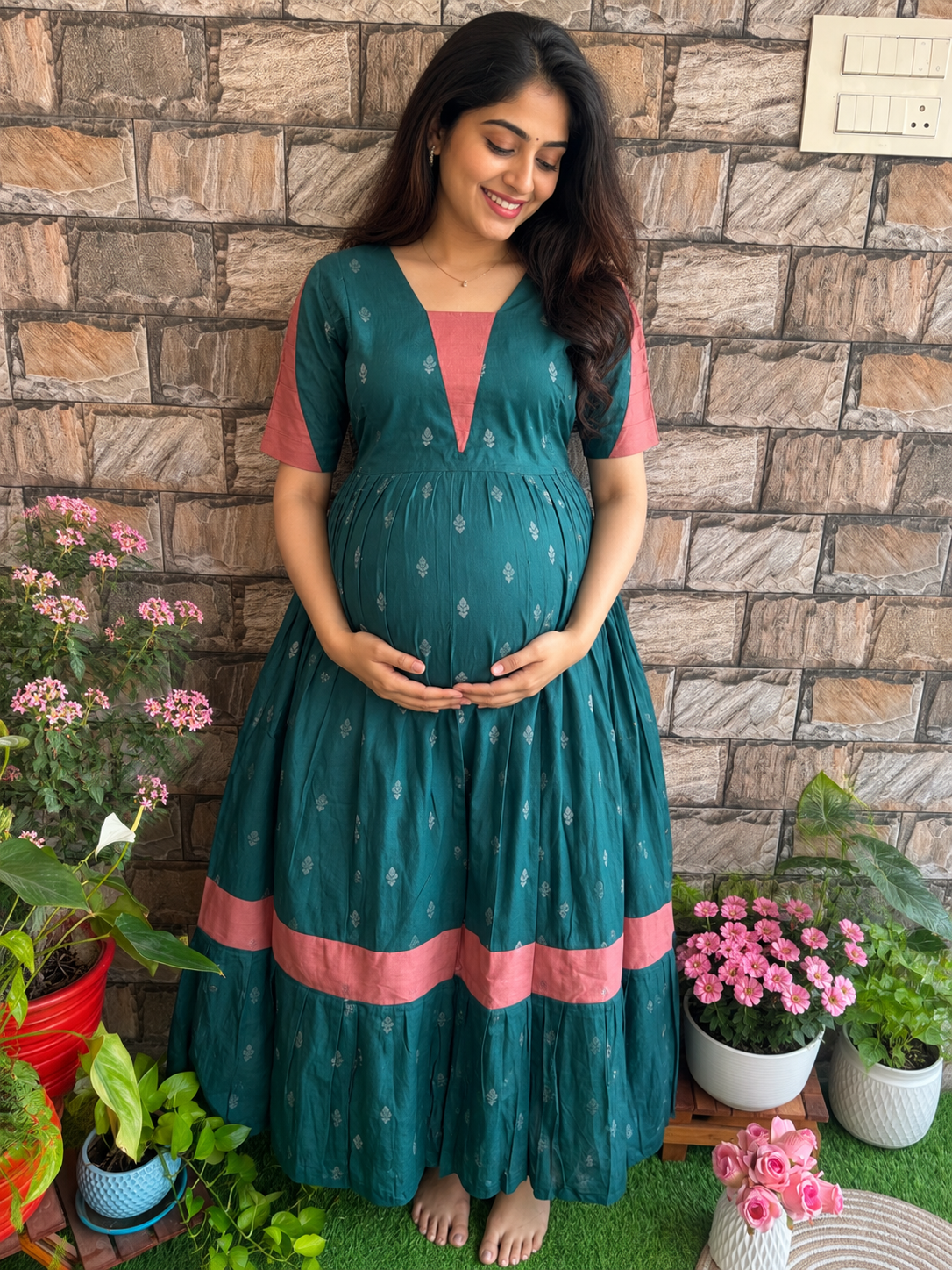 Festive wear Maternity silk handloom maxi English Green