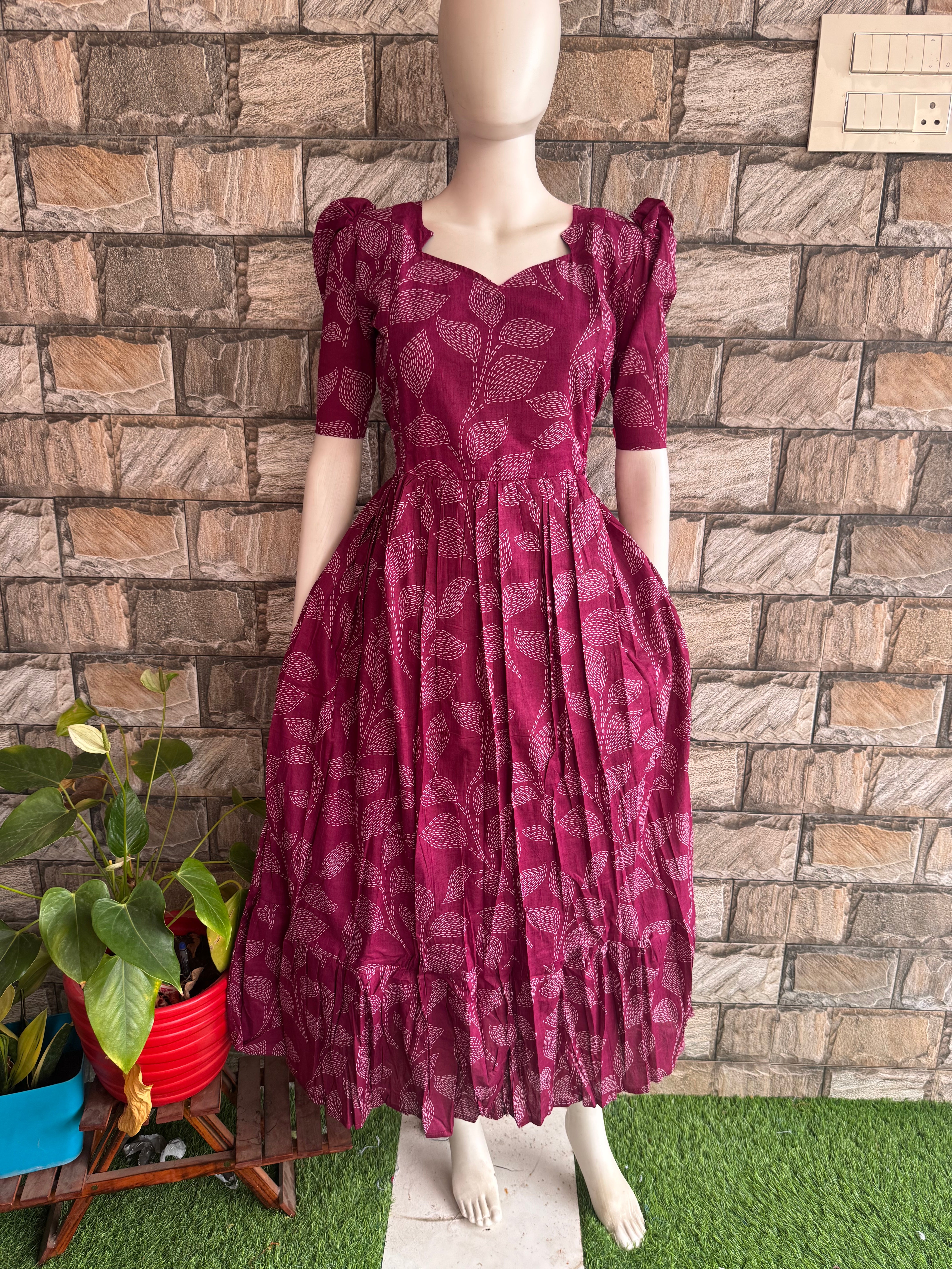 Pure soft cotton Maternity maxi  - Maroon Leaf