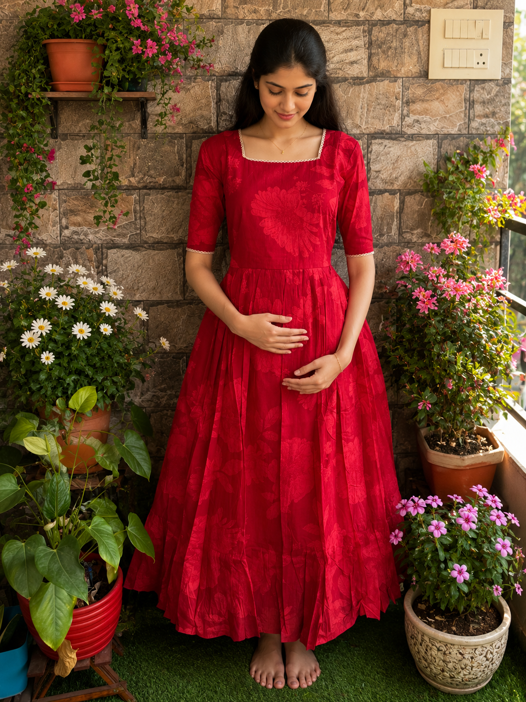 Soft cotton Maternity maxi - Red Blossom