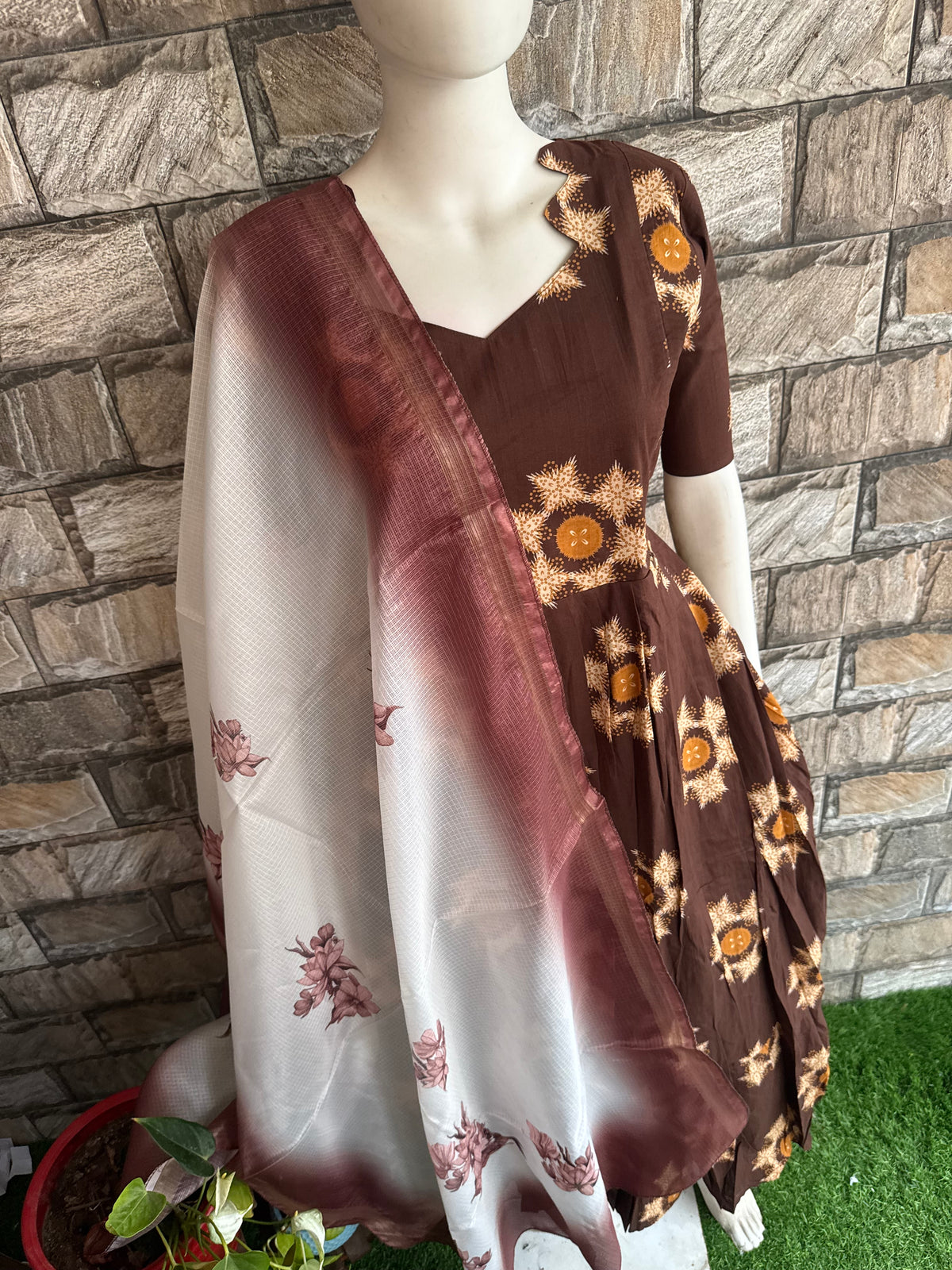 Soft cotton Maternity maxi with dupatta Coffee brown