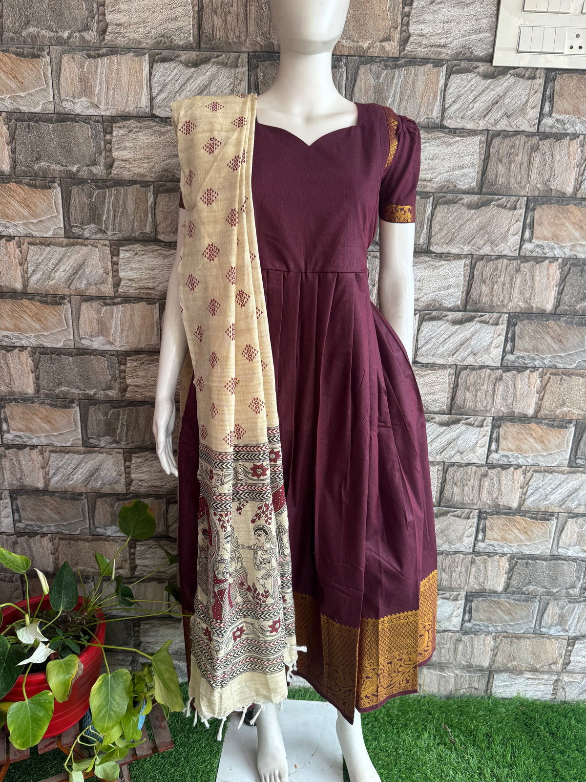 Diwali series Maternity raw silk maxi Maroon  - with Dupatta PRE ORDER 4 business days