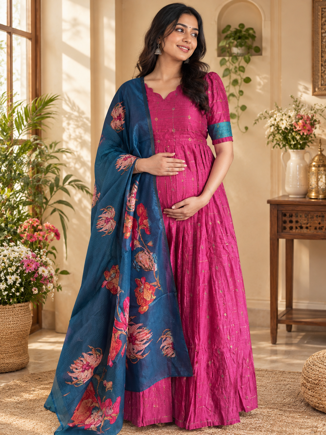 Diwali series Maternity raw silk maxi- with Dupatta Paneer rose