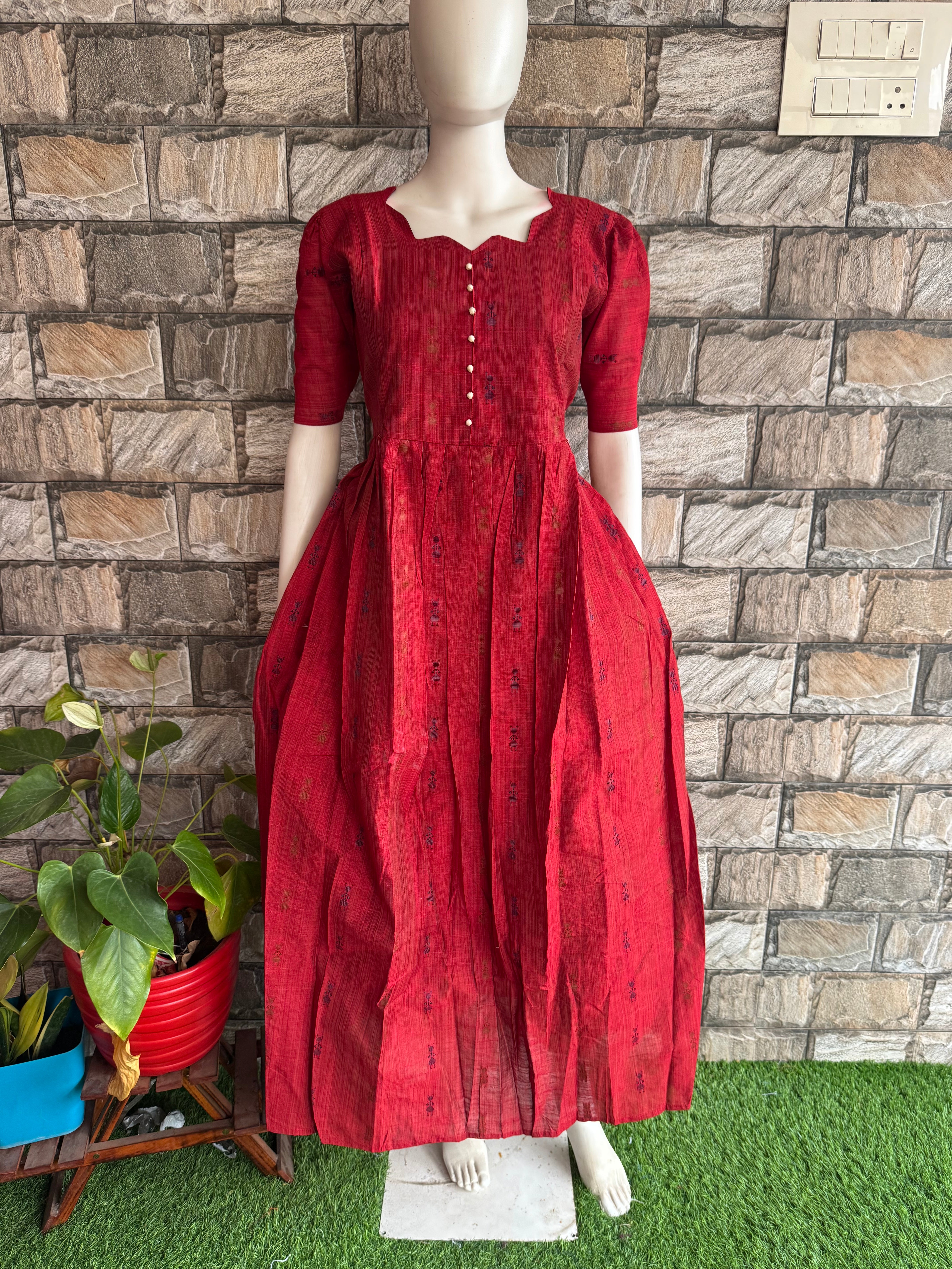 Jacquard handloom cotton  maternity Feeding maxi Maroon