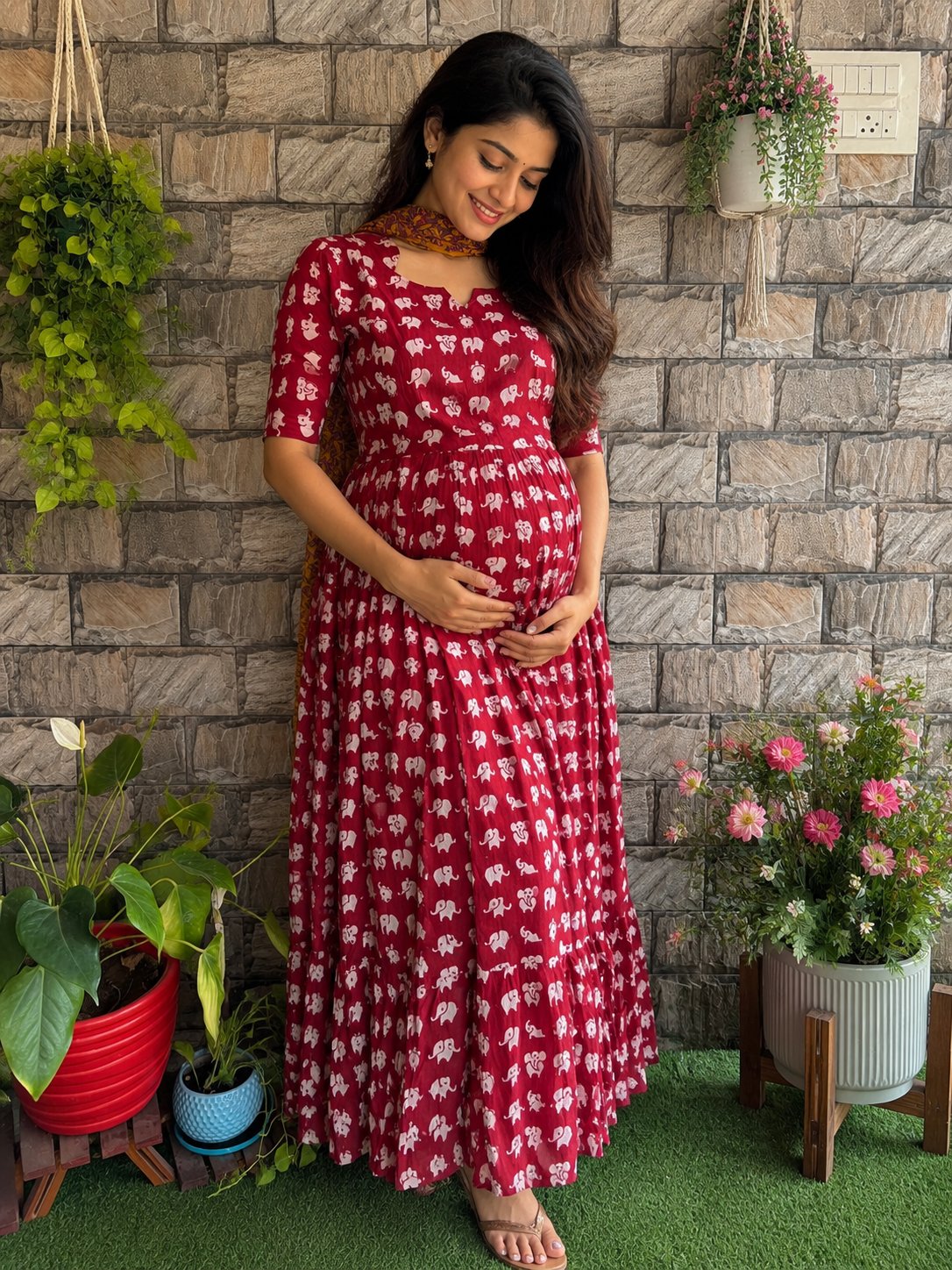 Maroon elephant soft cotton Maternity maxi