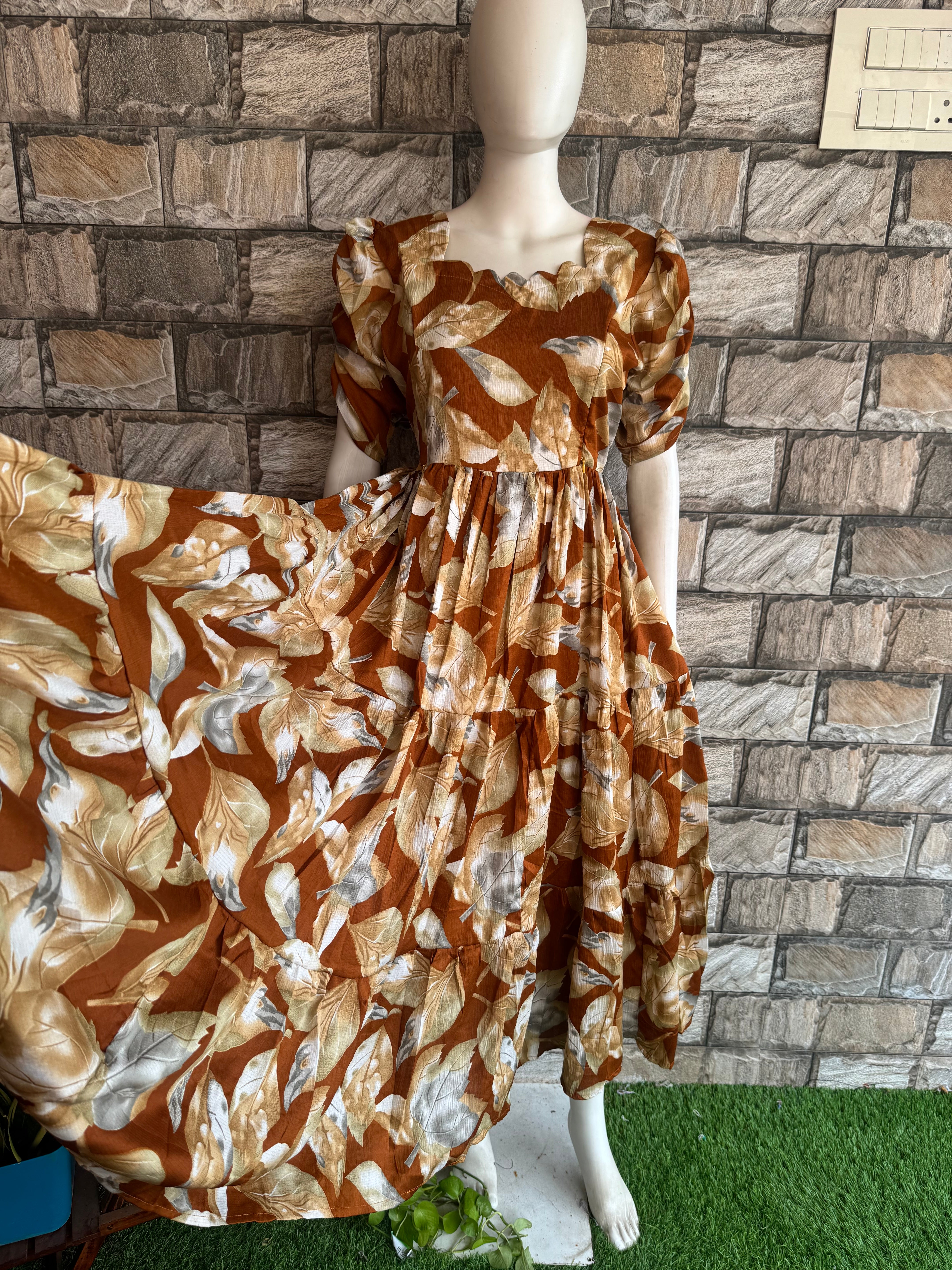 Brownish rust orange shade leaf Delta Maternity maxi