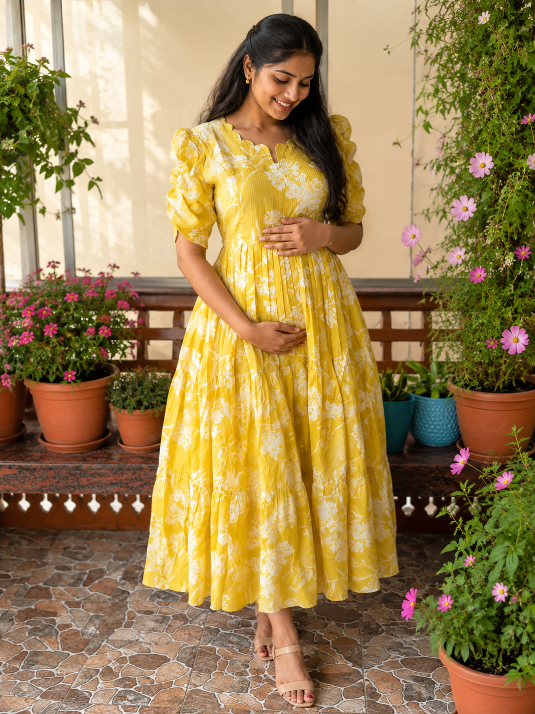 Soft kanta cotton Maternity Feeding  maxi - Pale yellow
