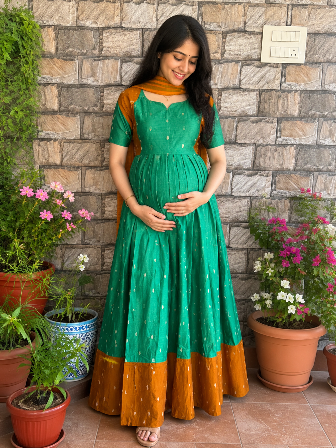 Festive wear Maternity raw silk maxi English Green