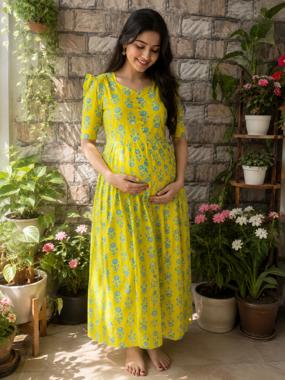 Lemon yellow cotton Maternity maxi