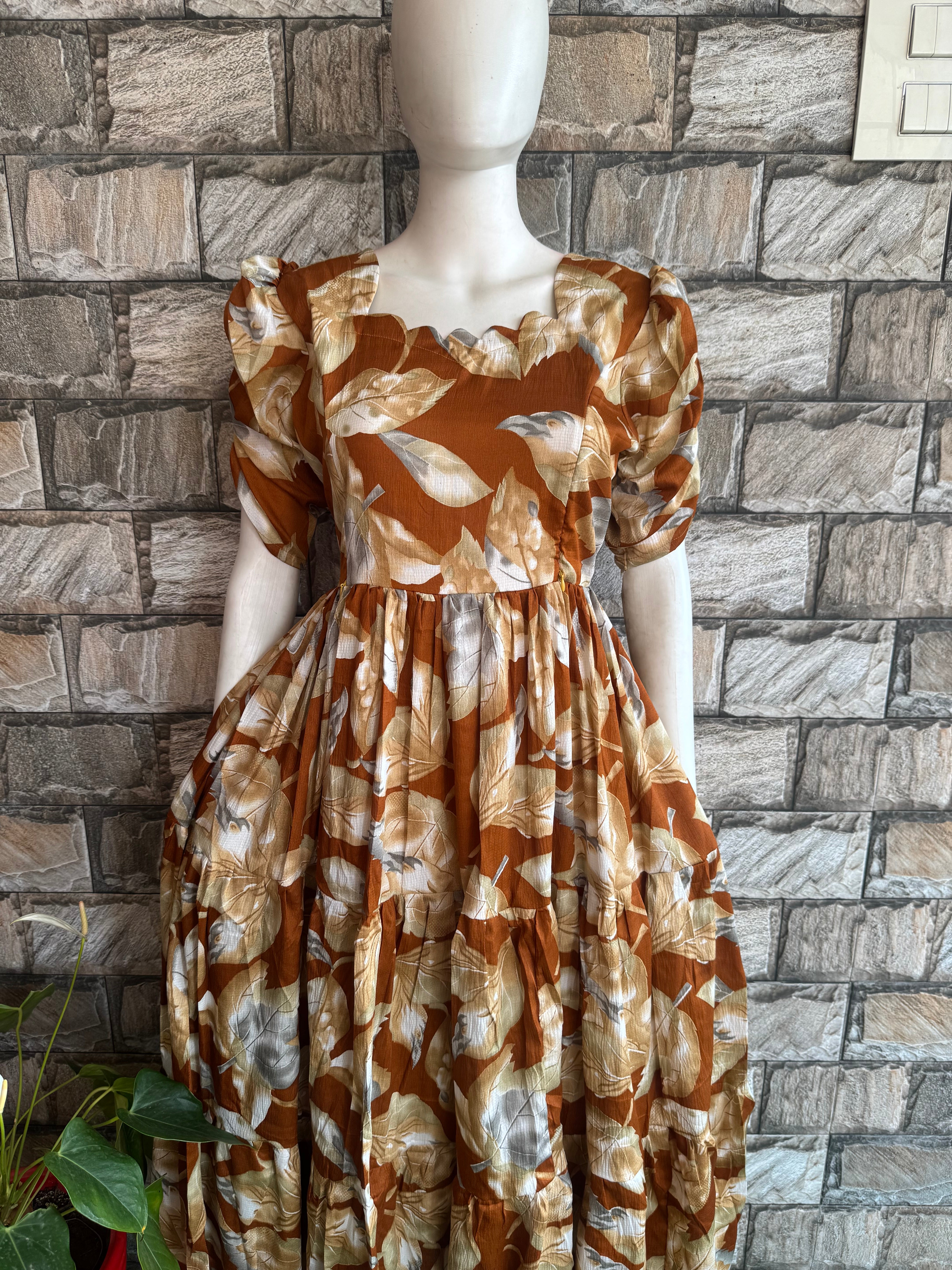 Brownish rust orange shade leaf Delta Maternity maxi