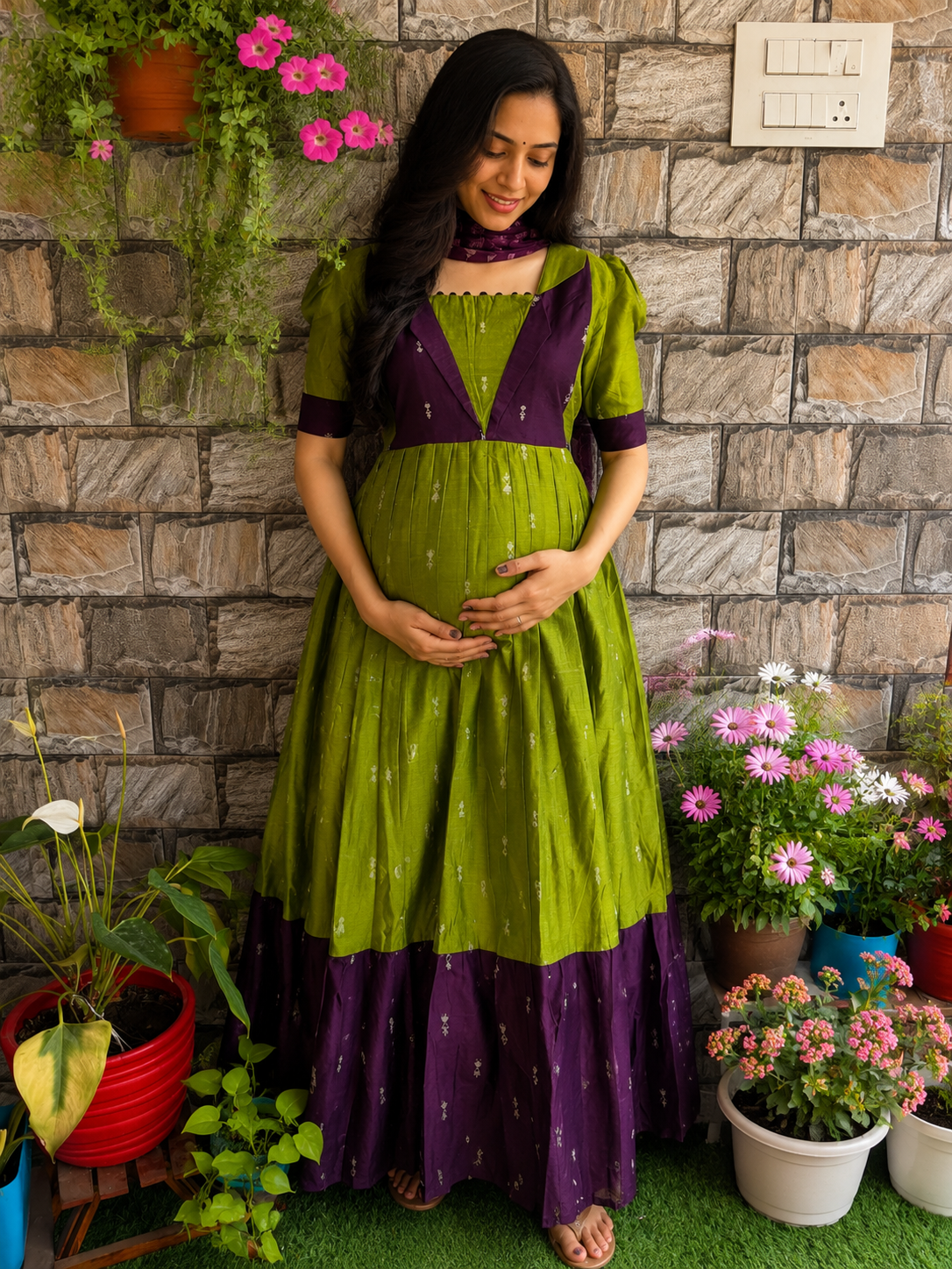 Festive wear Maternity raw silk maxi Olive green