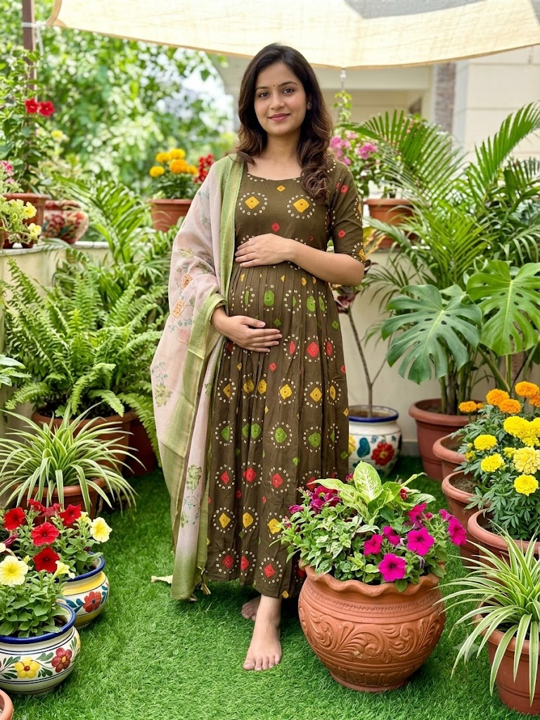 Soft cotton Maternity maxi with dupatta Olive