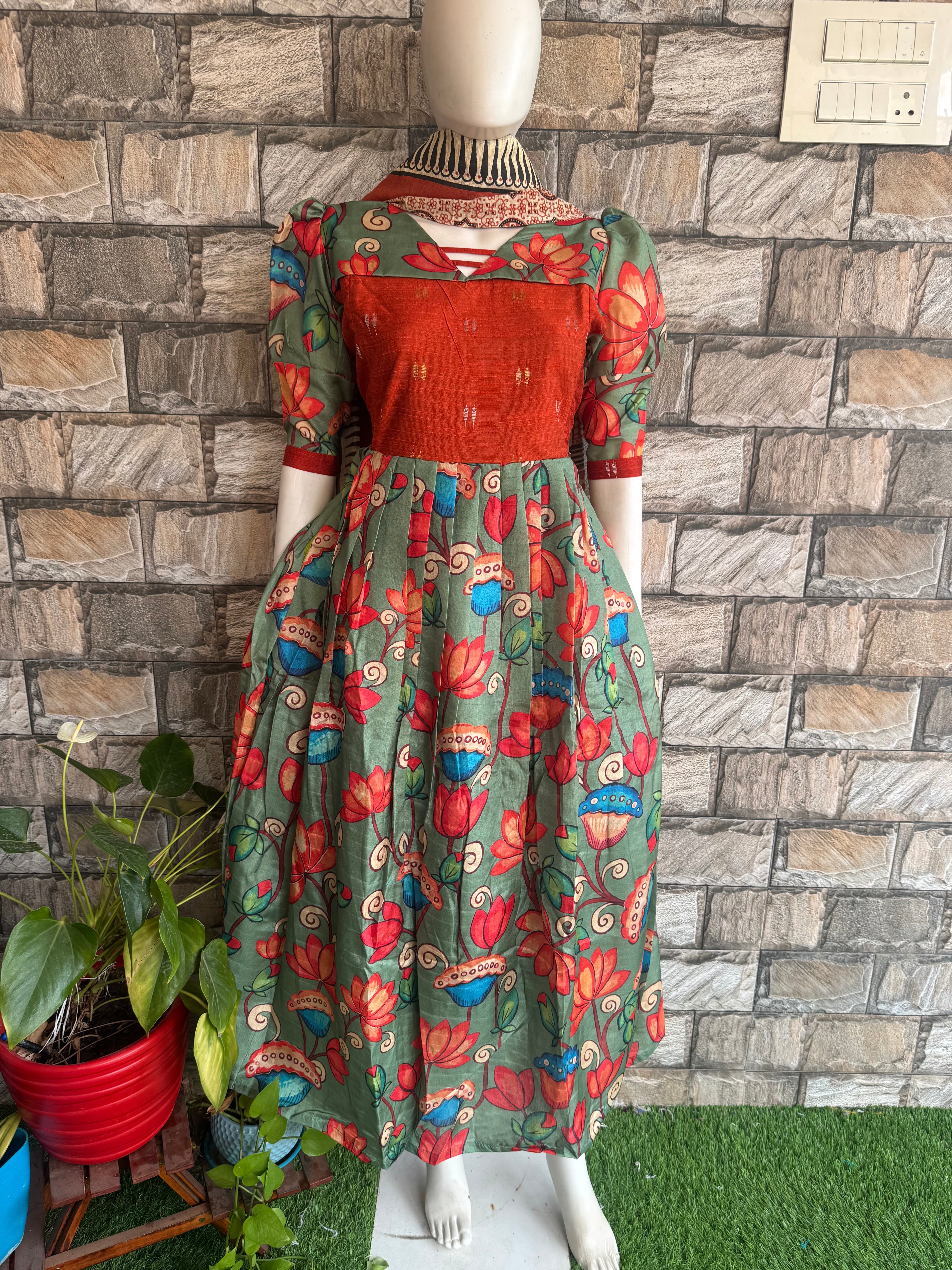 Chanderi Raw silk Maternity maxi Kalamkari