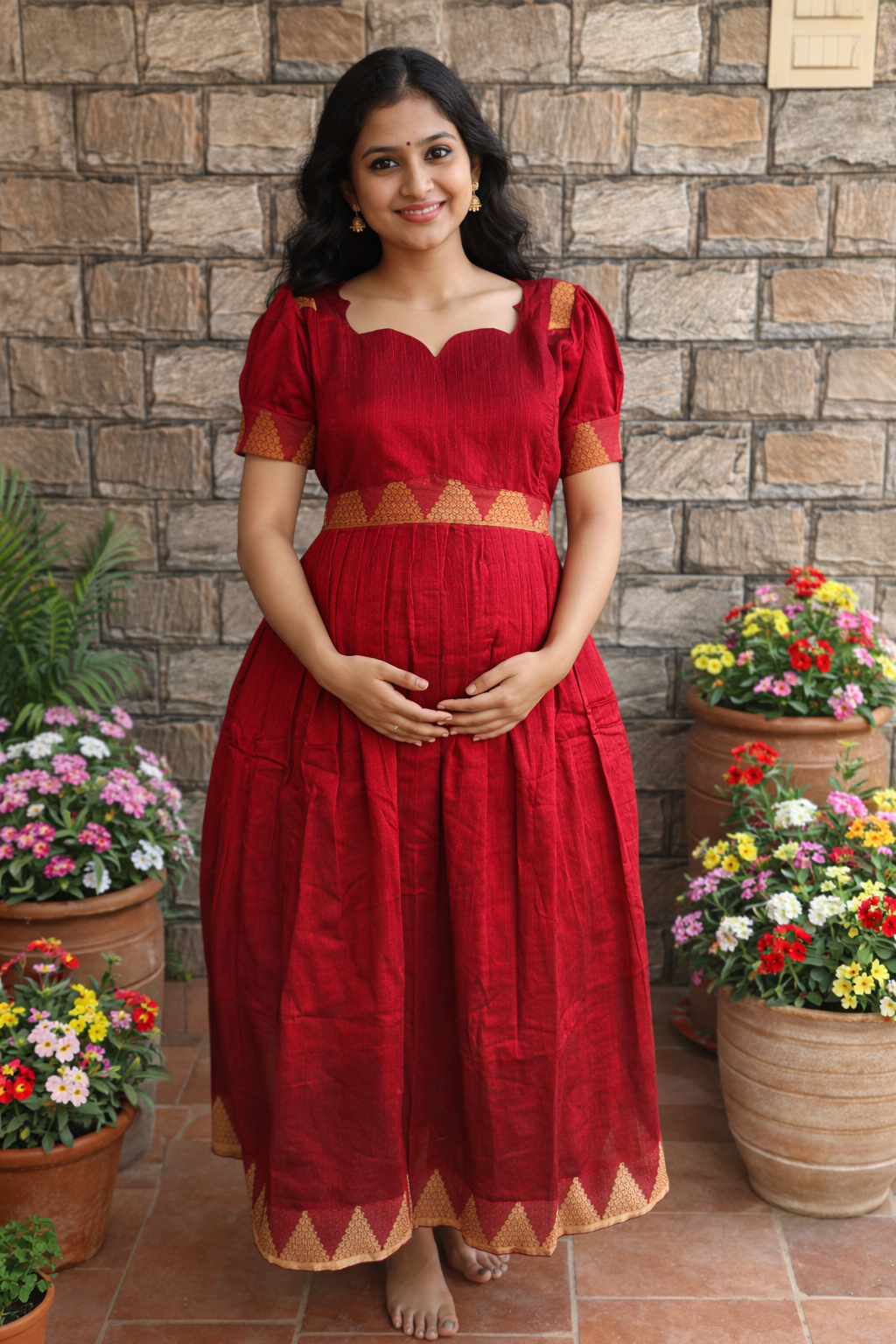 Maroon Raw silk maternity maxi