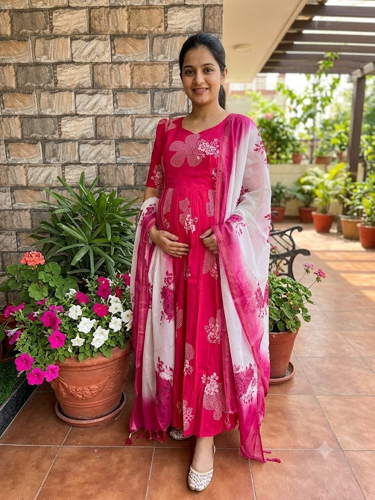 Soft cotton Maternity maxi with dupatta Candy pink