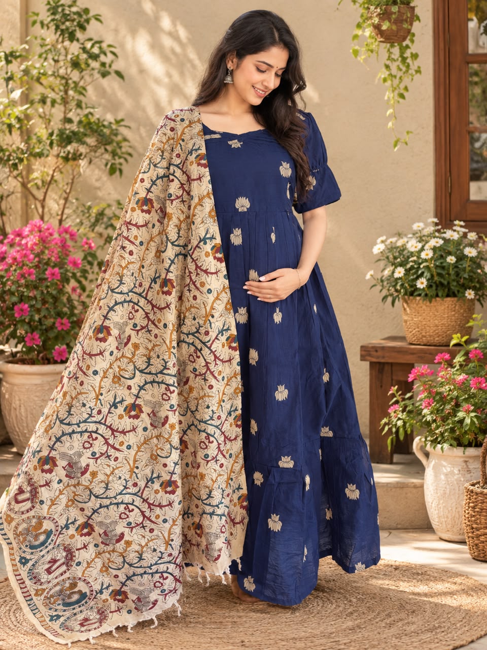 Diwali series Maternity raw silk maxi Royal Blue  - with Dupatta