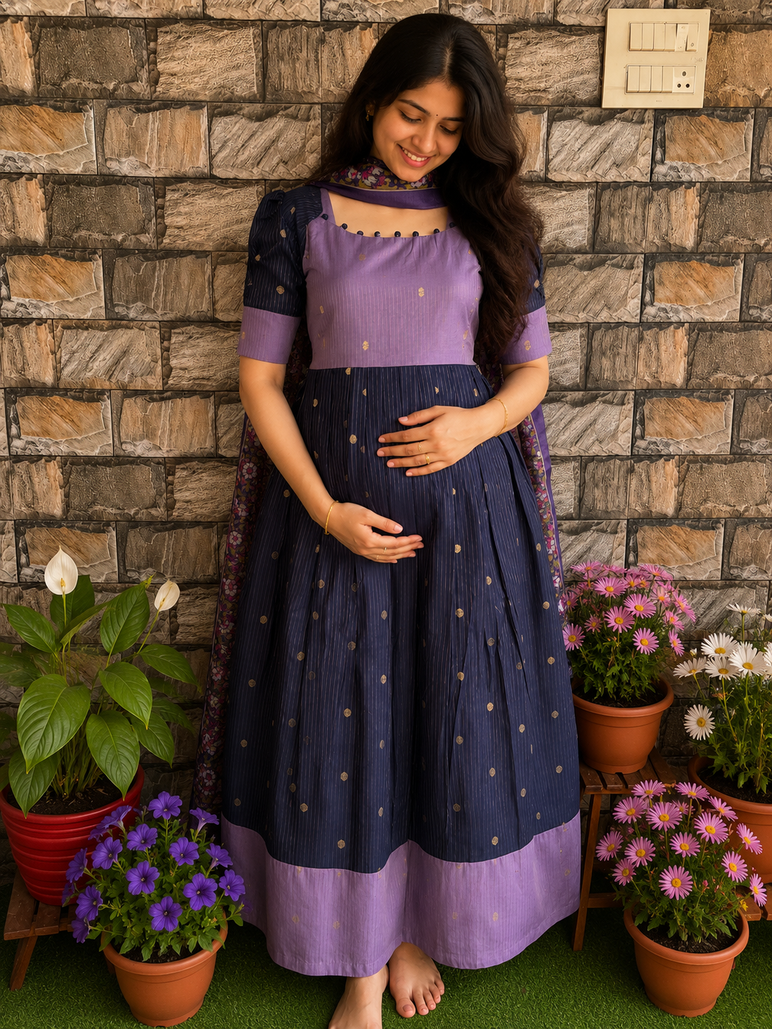 Festive wear Maternity raw silk maxi Dark Blue