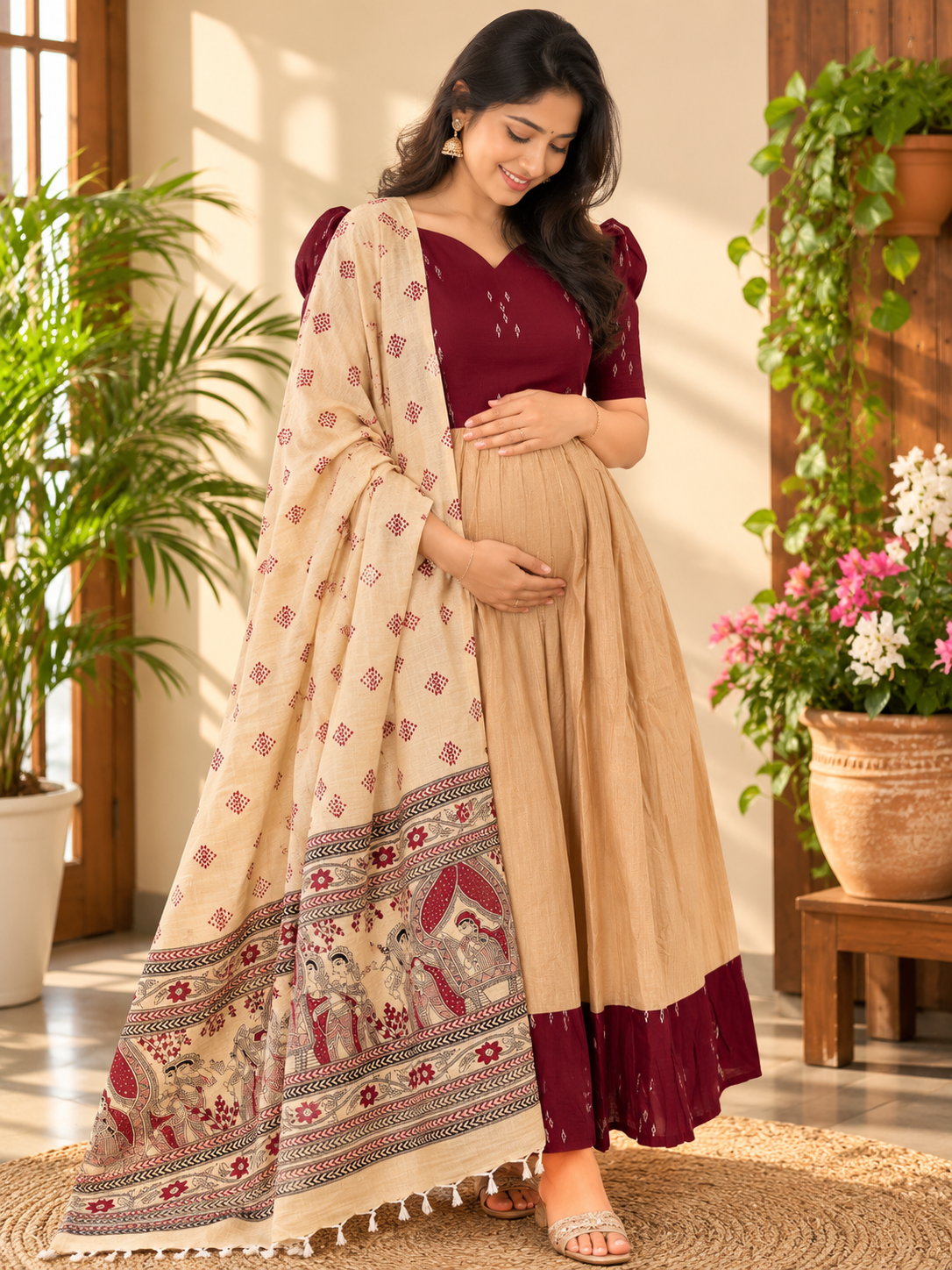 Diwali series silk kanta Maternity maxi with dupatta