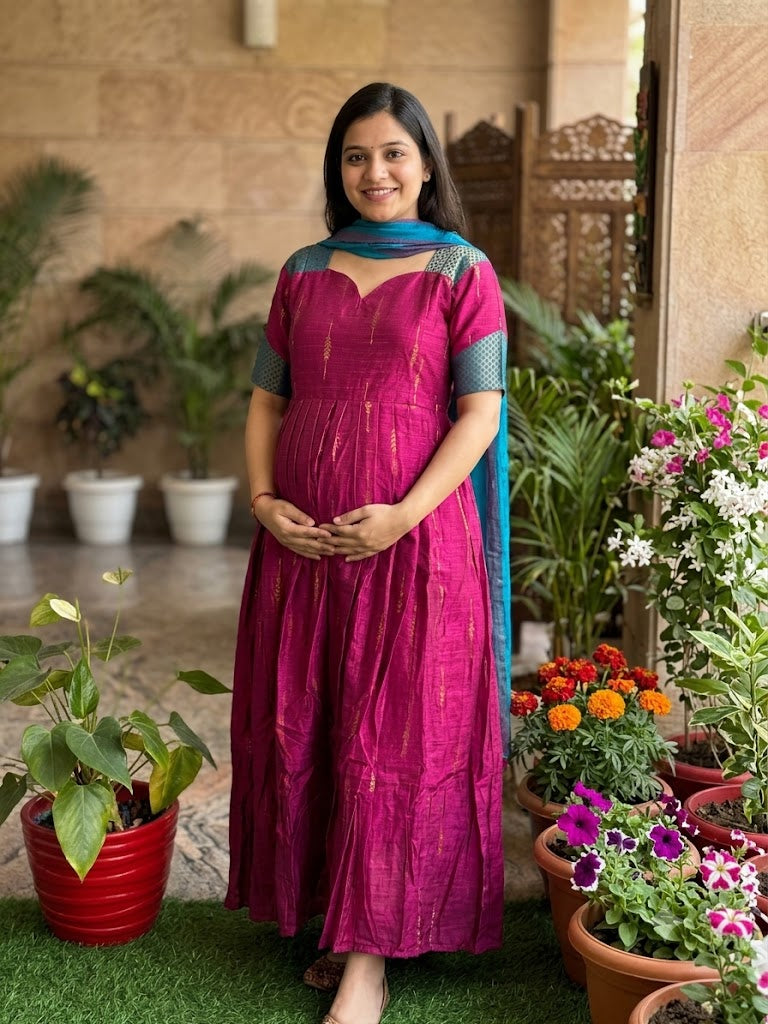 Diwali series Maternity raw silk maxi- with Cotton Dupatta