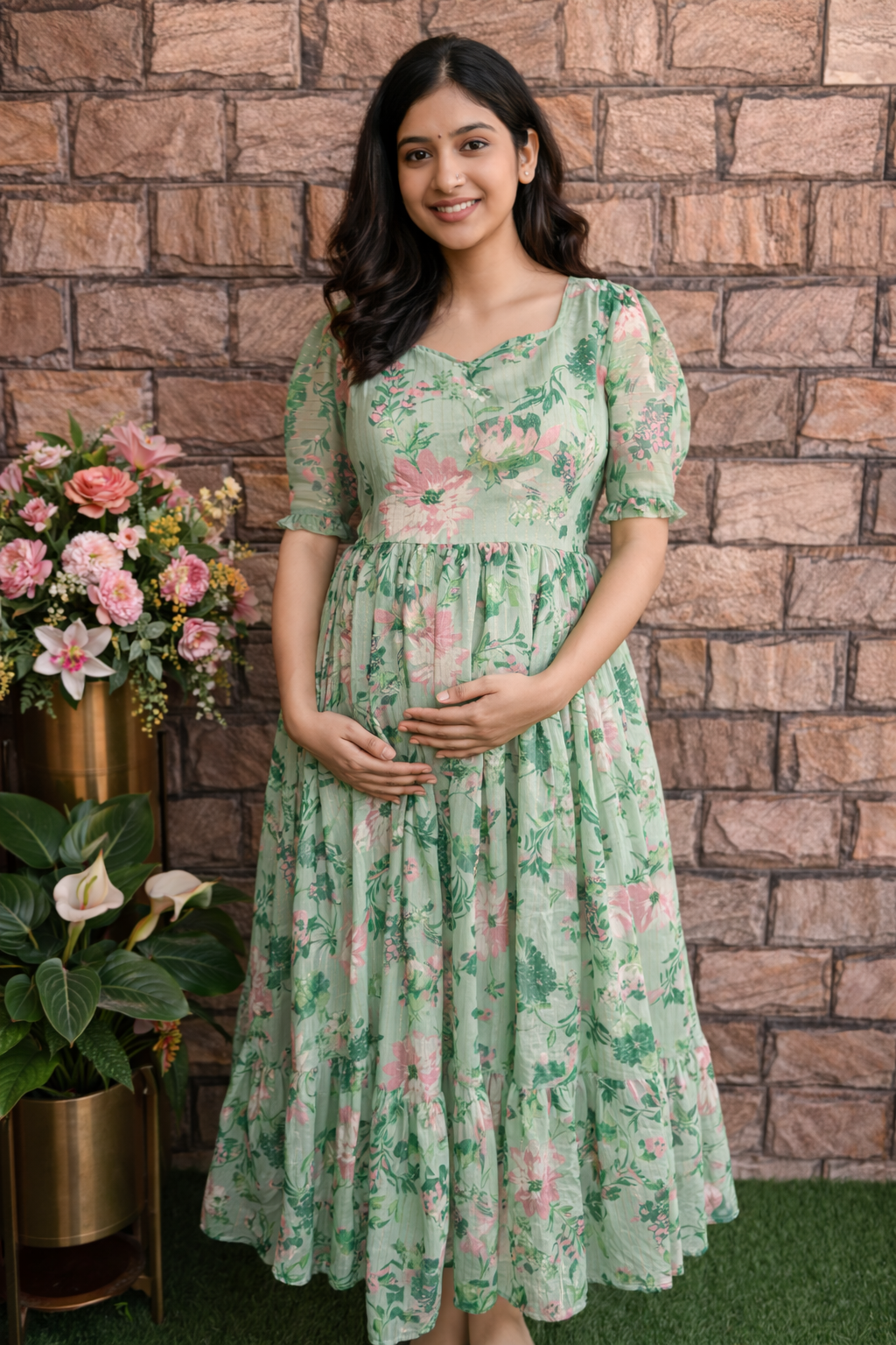 Pista green Georgette maternity maxi