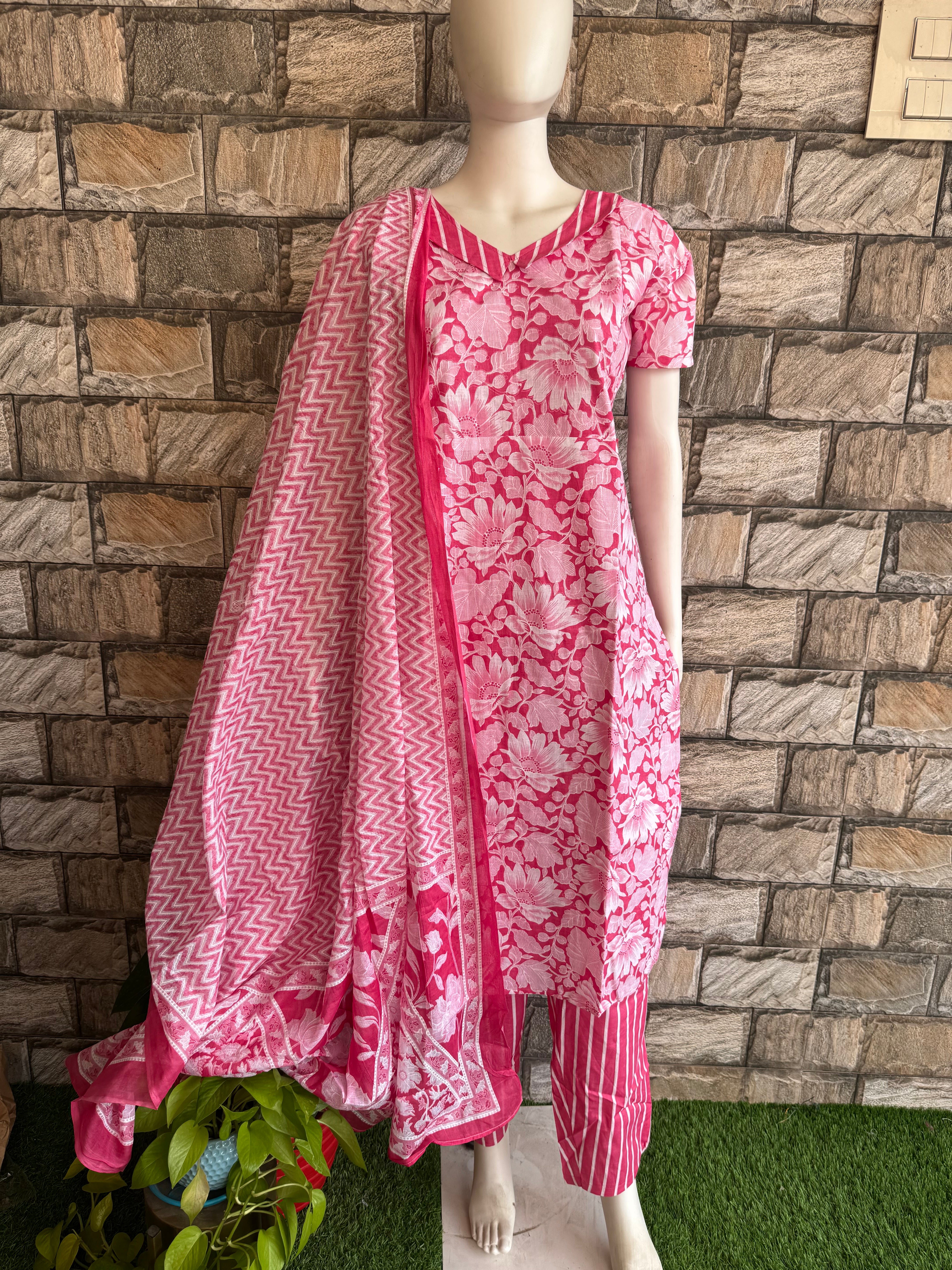 Pink 3 piece set Top+ pant + dupatta