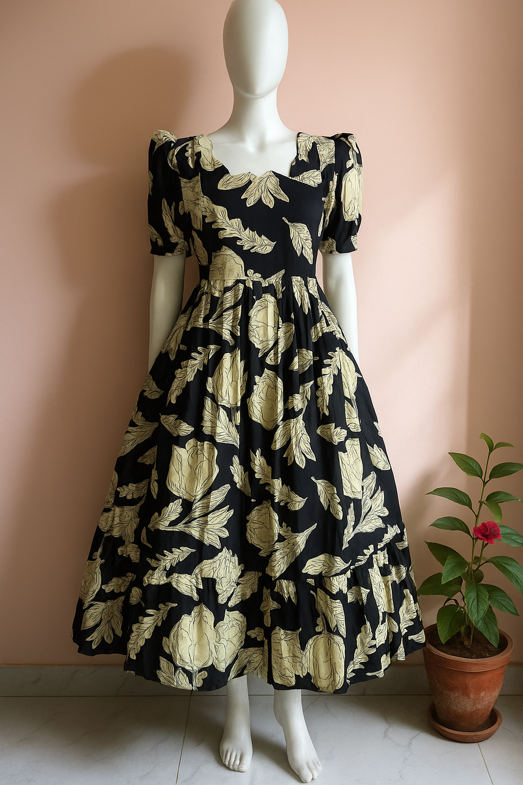 Black tulip floral cotton maxi
