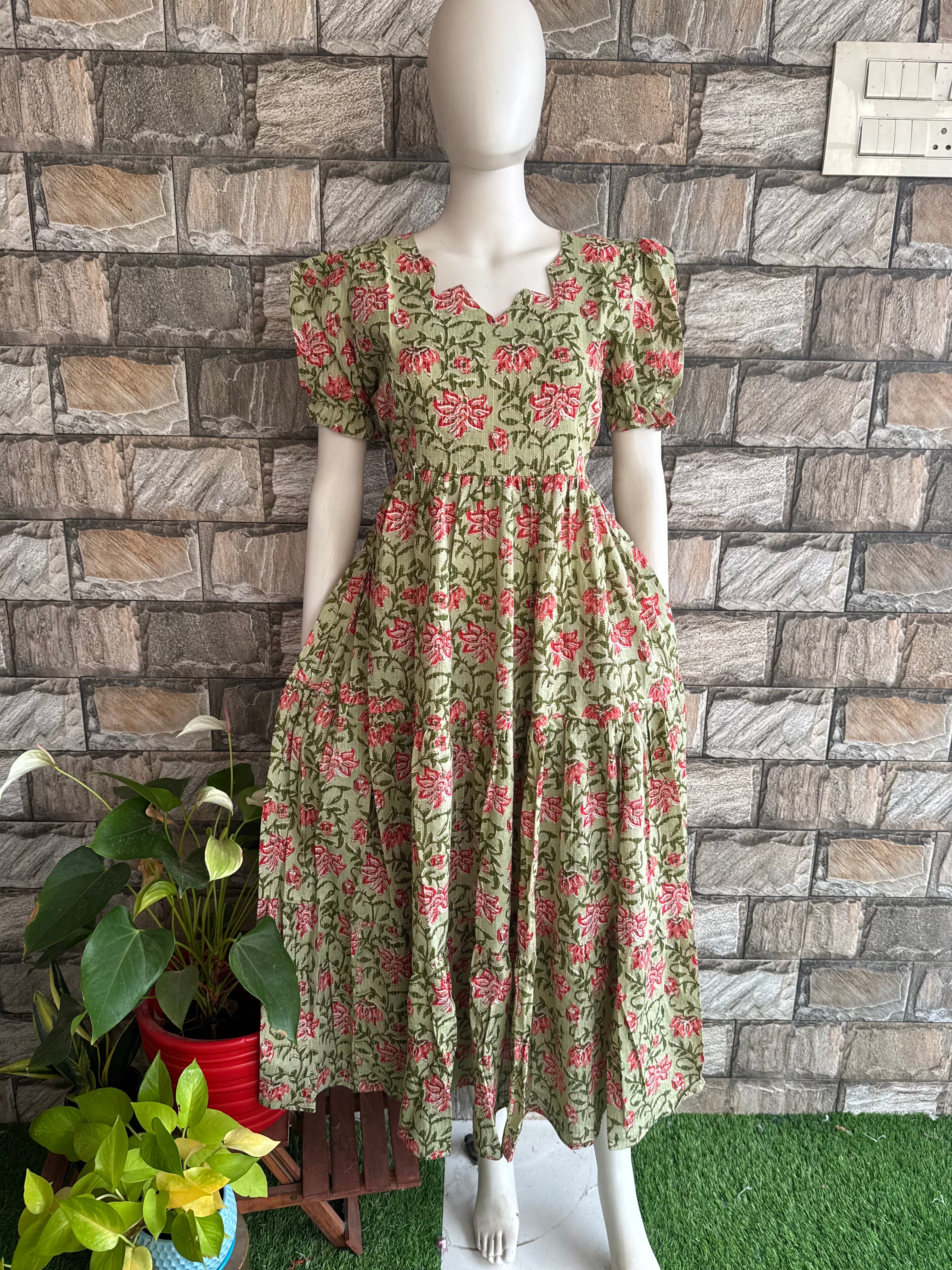 Green pink flower cotton maxi